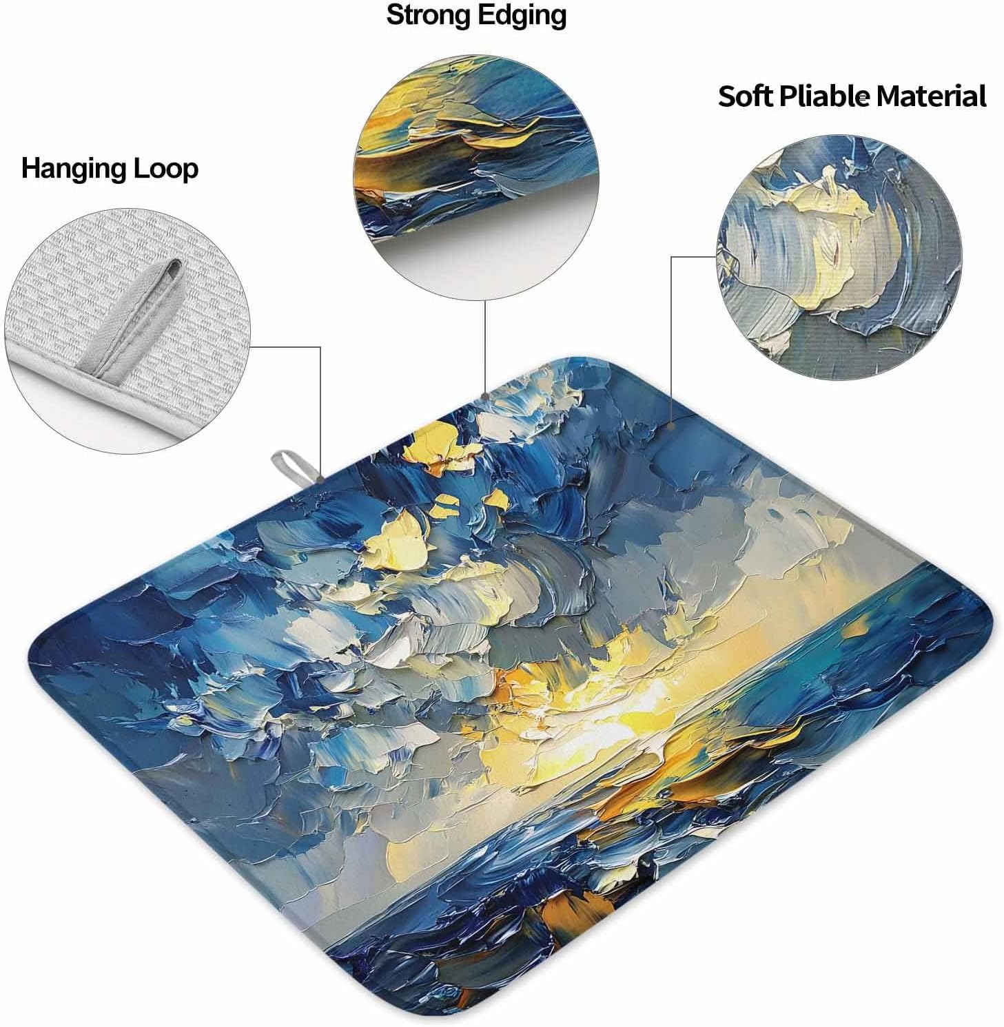 Dish Drying Mat Set of 2 Abstract Ocean Microfiber Absorbent Reusable Washable Dish Drying Rack Mat Oil Painting Texture Coffee Mat for Coffee Maker Bar Kitchen Countertops 16x18inch