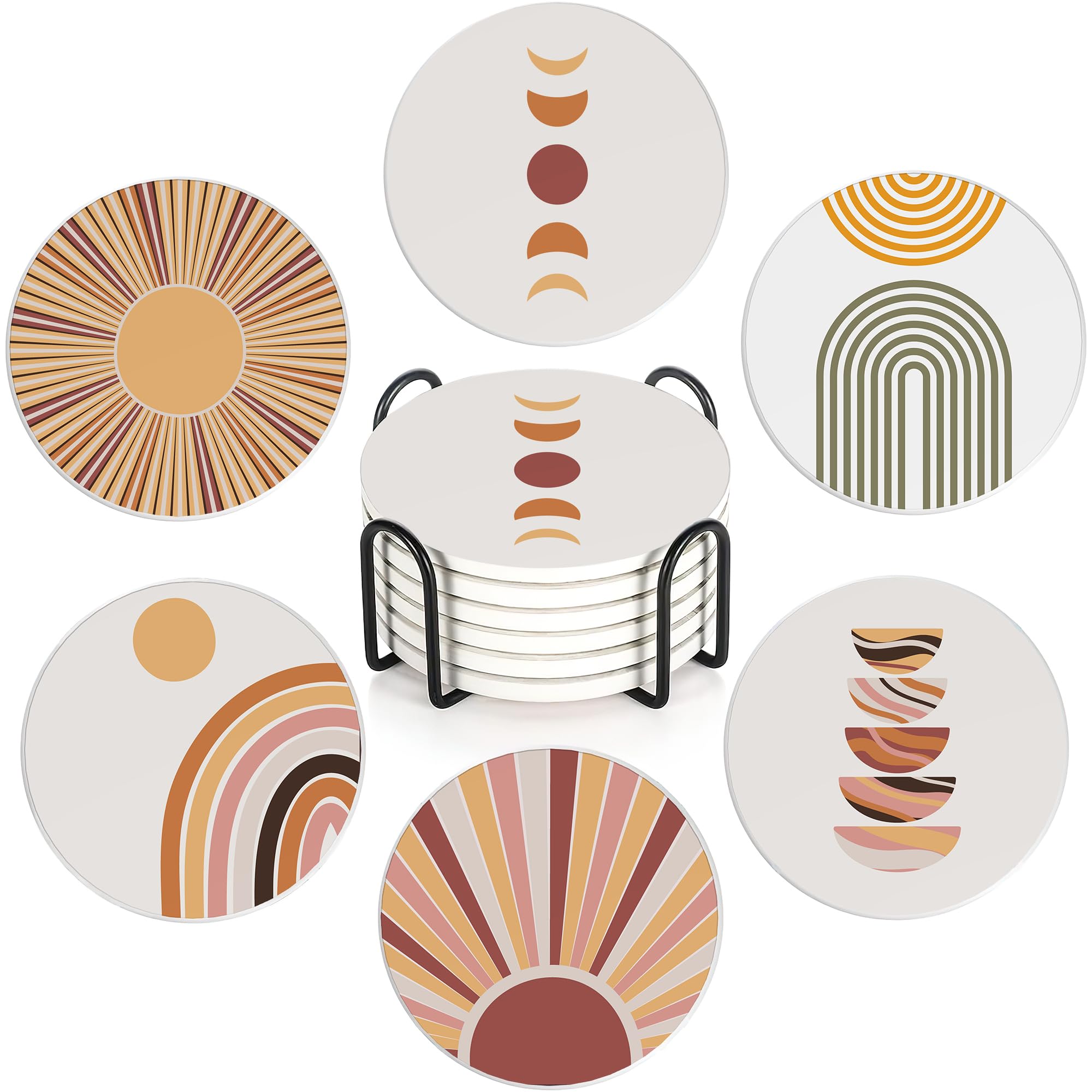 Boho Minimalist Art Coasters Set of 6,Absorbent Ceramic Coasters with Cork Base,Round Coaster Mats for Cold Drinks & Mugs, Rustic Home Decor + Holder
