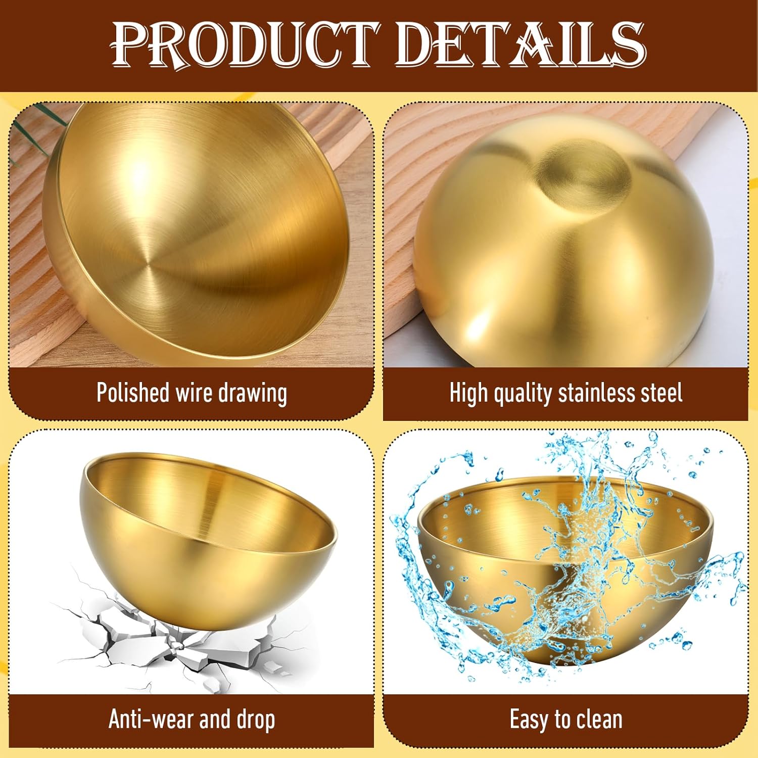 Yuanchu 10 Pcs Stainless Steel Bowls, 30 OZ Metal Gold Mixing Bowls 5.9 Inch Gold Serving Bowl for Dessert Salad Cereal Fruit Appetizer Snack Soup Dipping Facial