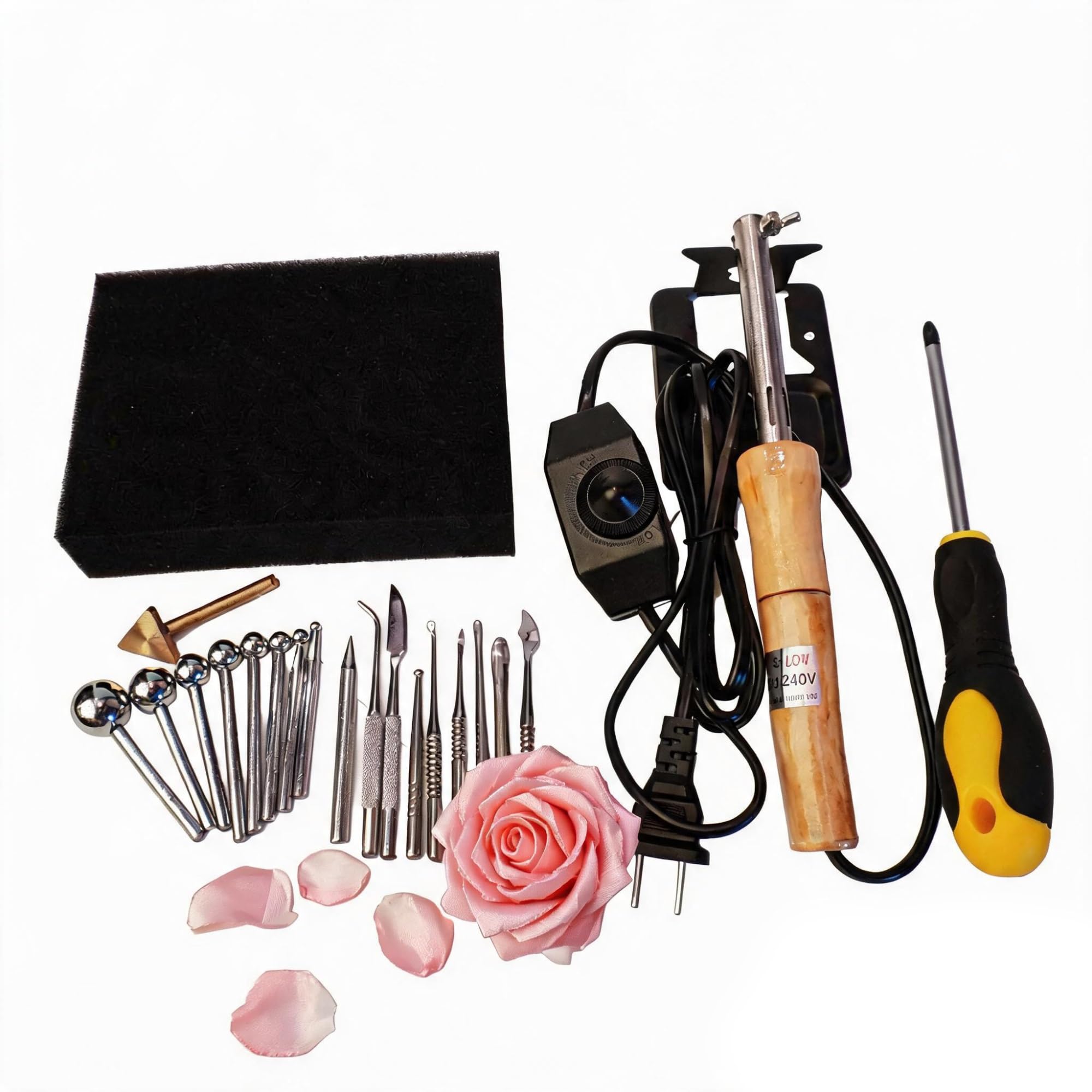 Kit de herramientas para hacer flores de tela con máquina eléctrica y 18 cabezales de planchado