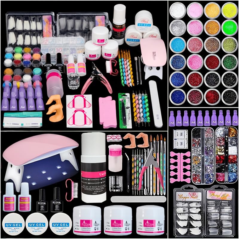 Acrylic Nail Kit, 24 Color Glitter Acrylic Powder Monomer Liquid Set, Nail Kit Set with Everything Acrylic Brushes And 200pcs Nail Tips for Extension Beginner
