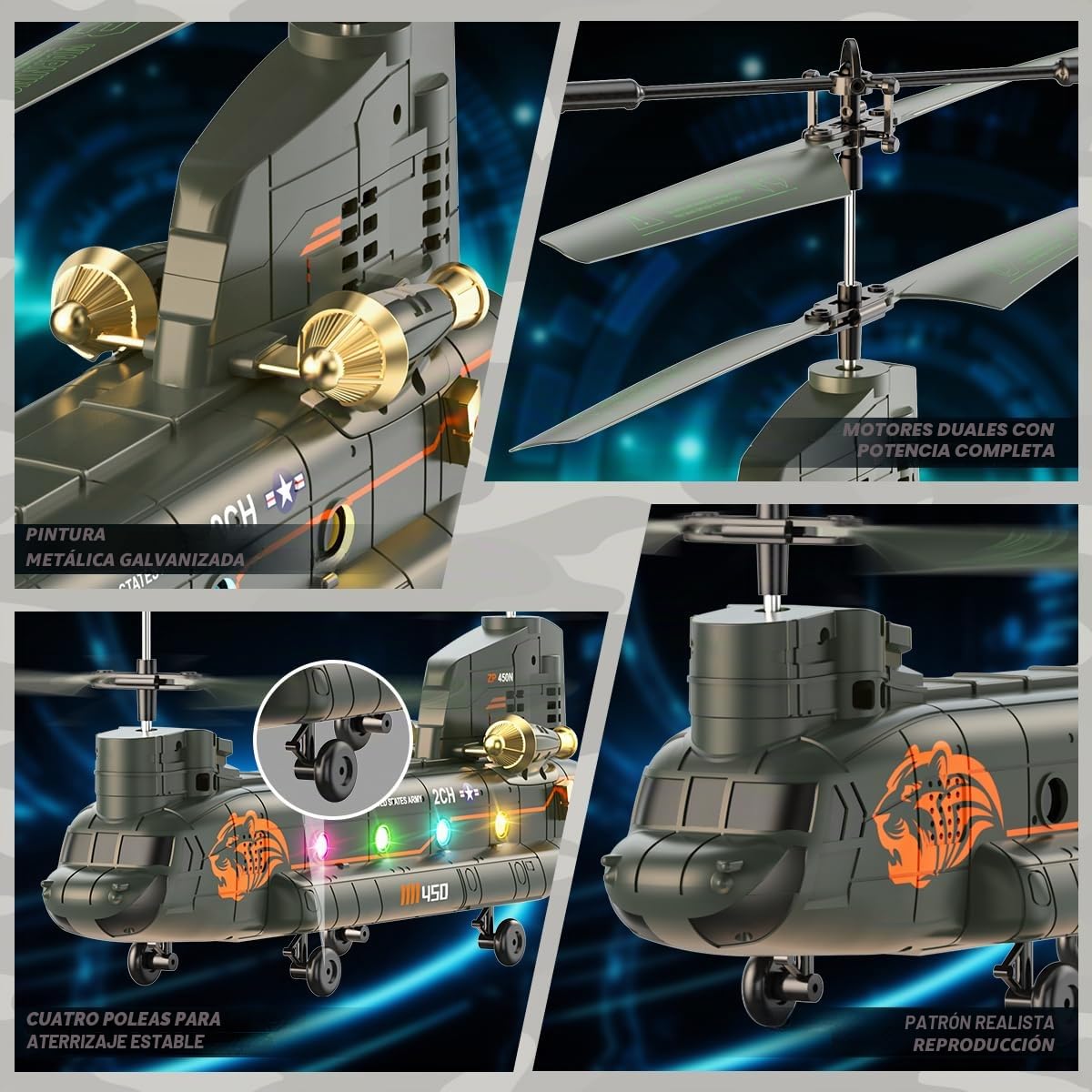 VATOS Helicóptero teledirigido, 2,4 GHz, Transporte Militar, helicóptero teledirigido con retención de Altura, despegue y Aterrizaje, luz LED, helicóptero RC del ejército