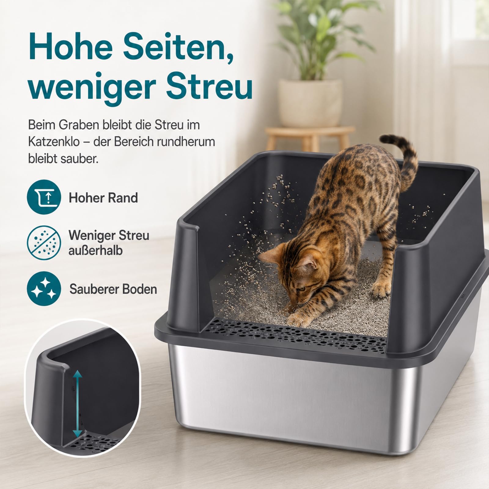 2er Set XXL Katzenklo Edelstahl 60×40×30 cm (37 L) – hoher Rand offene Katzentoilette Edelstahl für große Katzen & Mehrkatzenhaushalte, Metall Katzenklo geruchsfrei, auslaufsicher, inkl. Streuschaufel