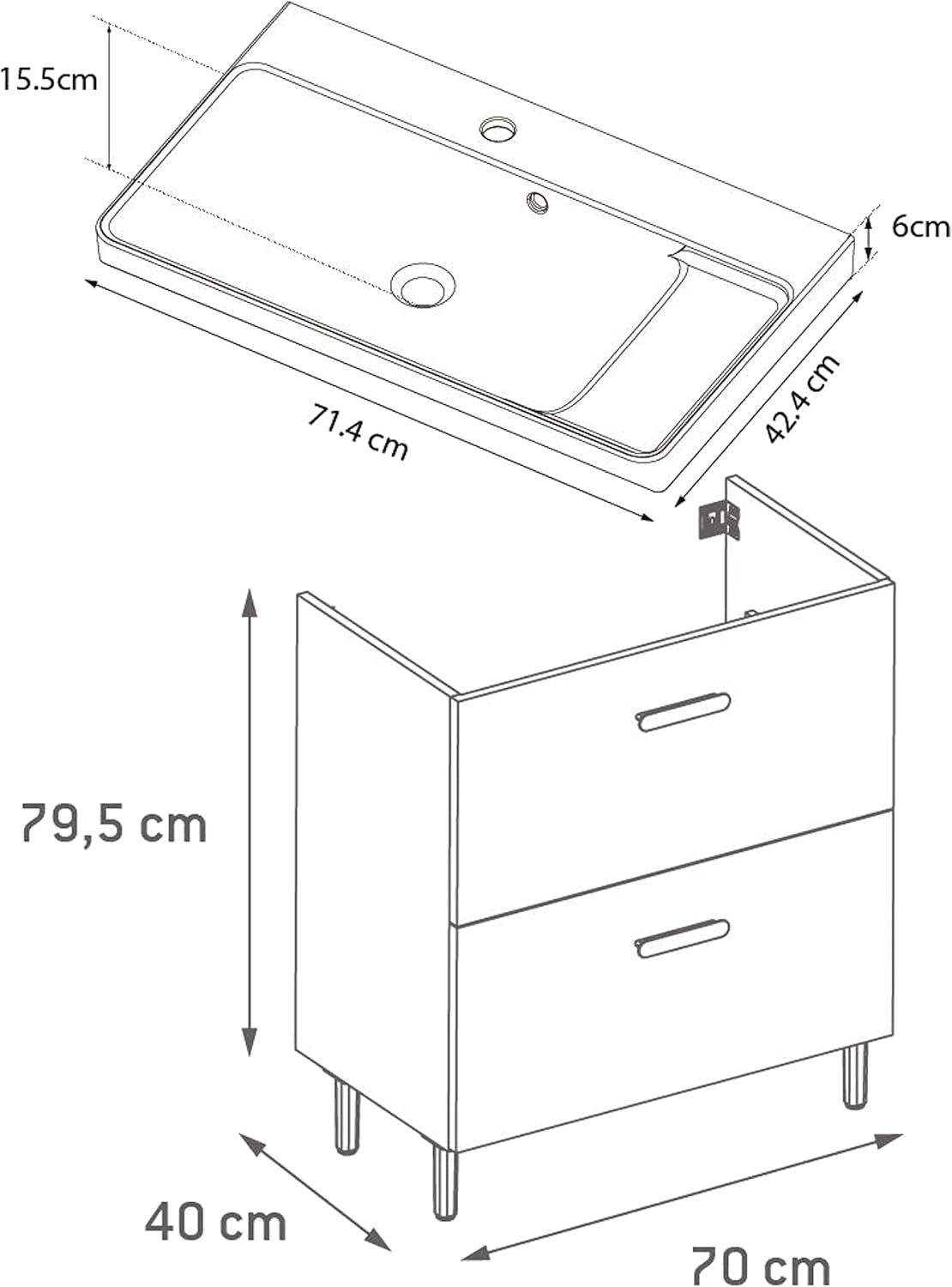 Technical drawing illustrating the dimensions of the SENSEA Easy Bathroom Vanity Unit and sink.