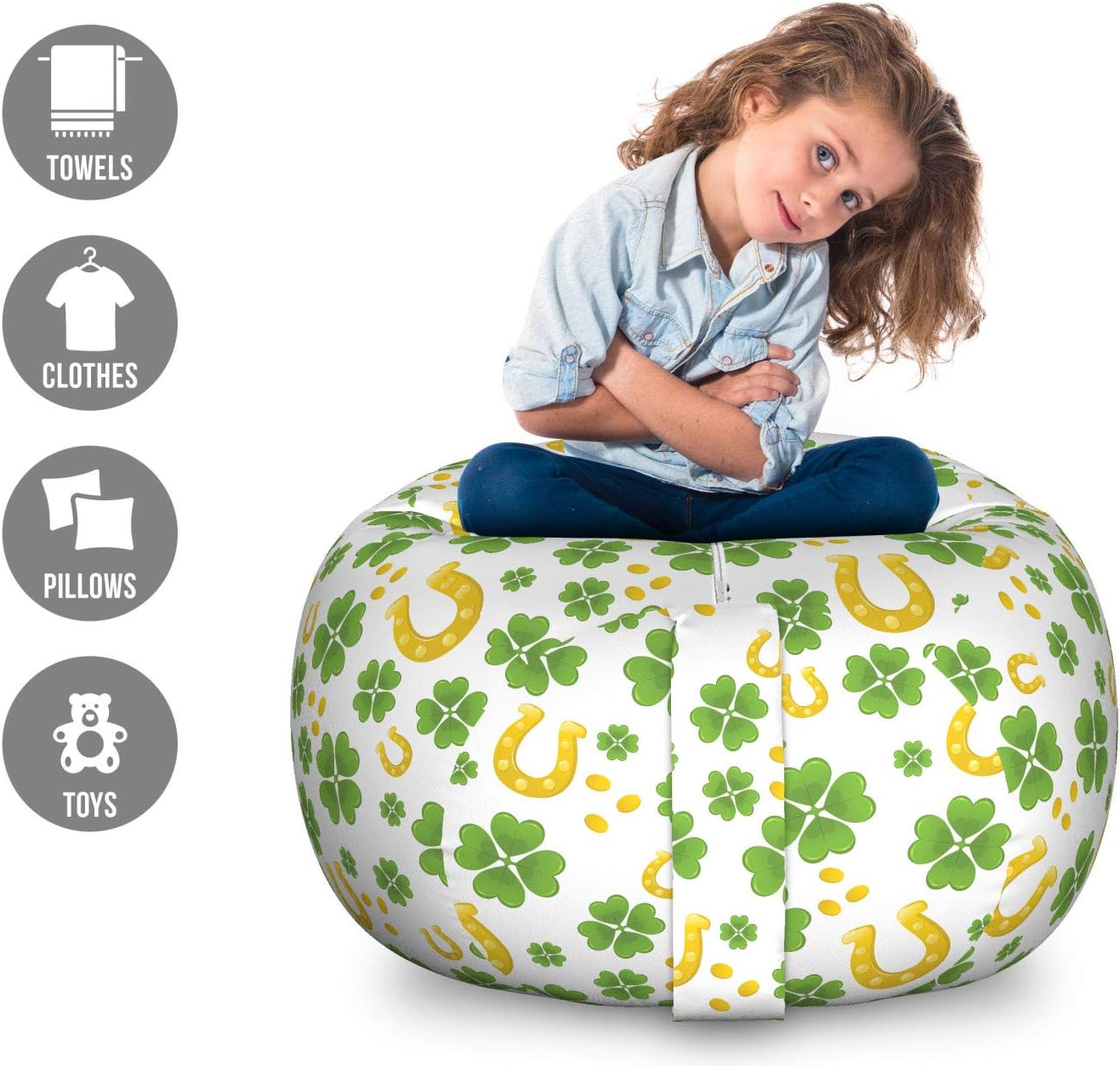 Lunarable Shamrock Storage Toy Bag Chair, Irish Lucks with Horse Shoe Coins and 4 Leaf Clovers Pattern, Stuffed Animal Organizer Washable Bag, Large Size, Apple Green and Yellow