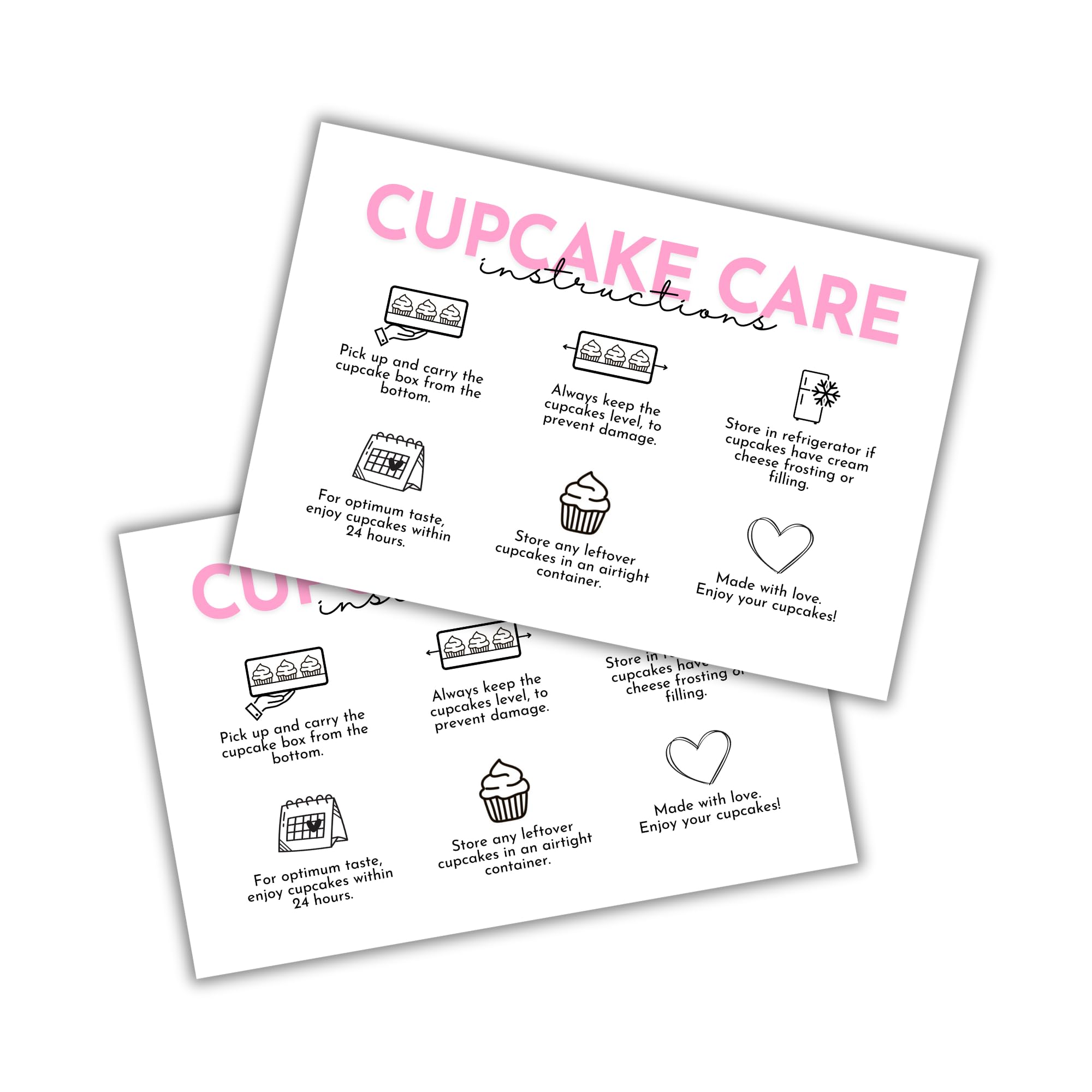 Cupcake Care Instruction Guide Cards | 30 pk 4x6” Bakery Dessert Storage DIY Cookie Cinnamon Roll Sourdough Package Template Loyalty Client Editable