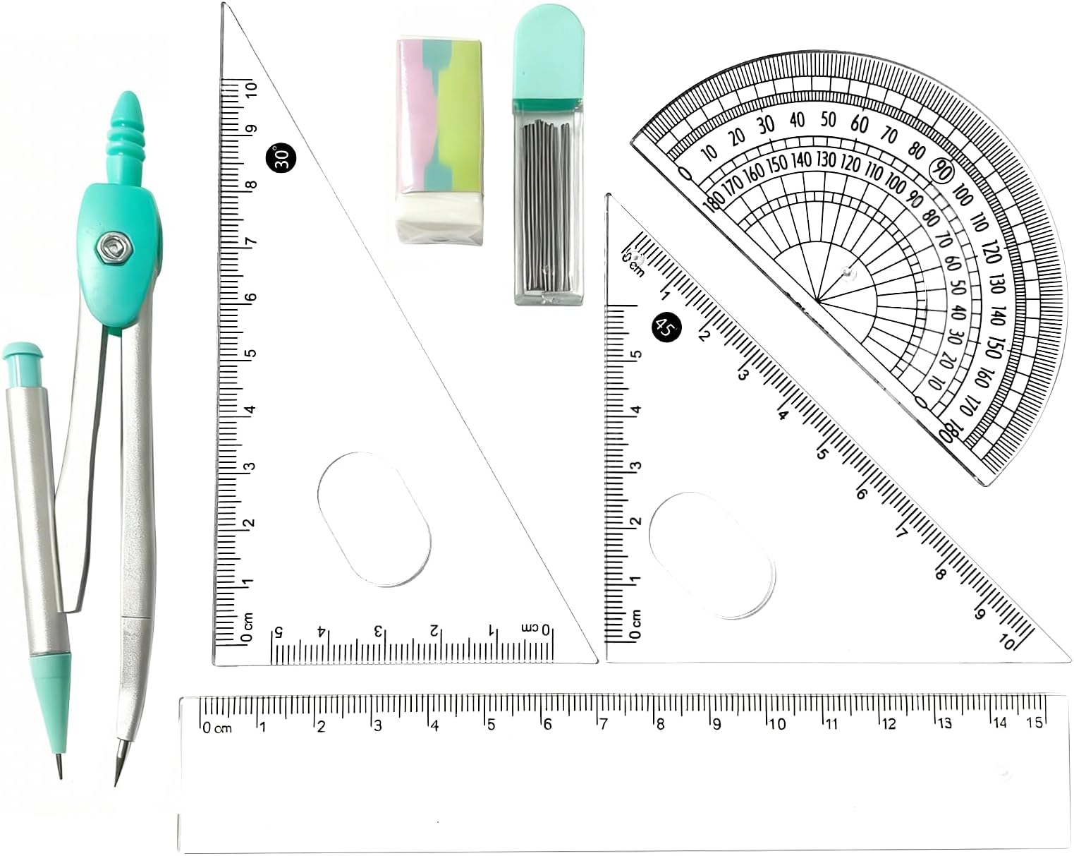 Protractor and Compass Set for School,Geometry Set,Compass Geometry Tool,7P Metal Compass Ruler Eraser Replacement Leads Blue