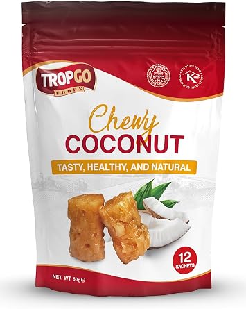 Tropgo Chewy Coconut Bites   Delicious Dried Fruit Snacks with Coconut Sugar & Glucose Syrup   Resealable Bag with 12 Pieces for Sharing   Vegan, Healthy Foods & Kosher Certified 60g