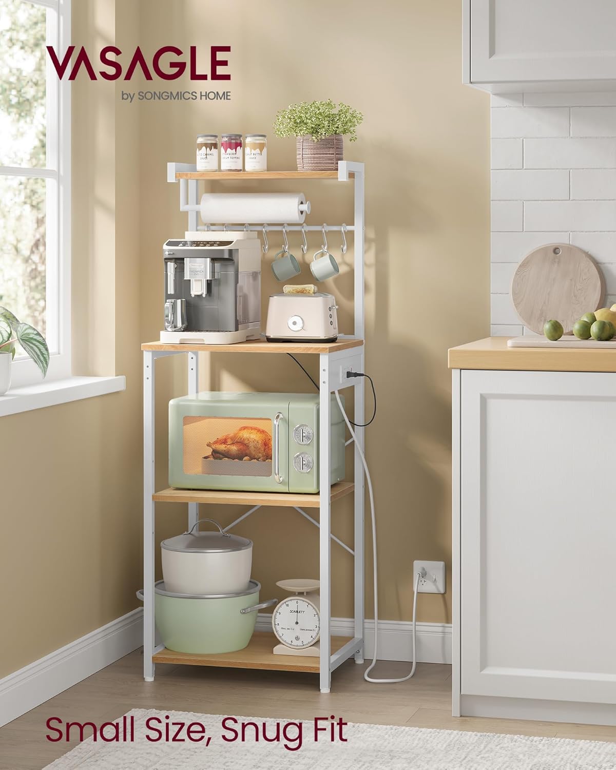 VASAGLE Kitchen Bakers Rack with Power Outlet, Coffee Bar 4-Tier with 8 S Hooks, Microwave Stand, Adjustable Shelf, for Small Spaces, 15.7 x 17.7 x 55.1 Inches, Golden Oak and Cloud White UKKS013YA01