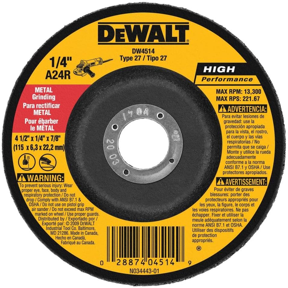 DEWALT DW4514 1/4" Thick Grinding Wheel with 4-1/2" Diameter and 7/8" Arbor