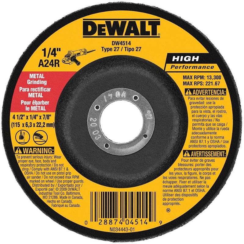 Muela abrasiva metálica DEWALT DW4514 4-1/2 pulgadas por 1/4 pulgadas por 7/8 pulgadas (3)