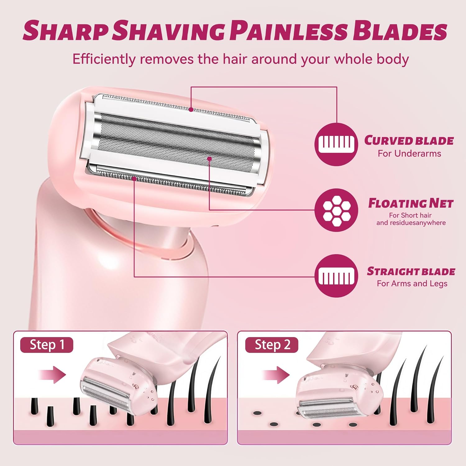 2 in 1 Electric Shaver for Women Wet Dry Dual Use IPX7 Waterproof with LED Display USB Recharge Dock Dry Use Body Hair Trimmer and Facial Hair Remover for Bikini Underarm Leg Arm Face (Pink)