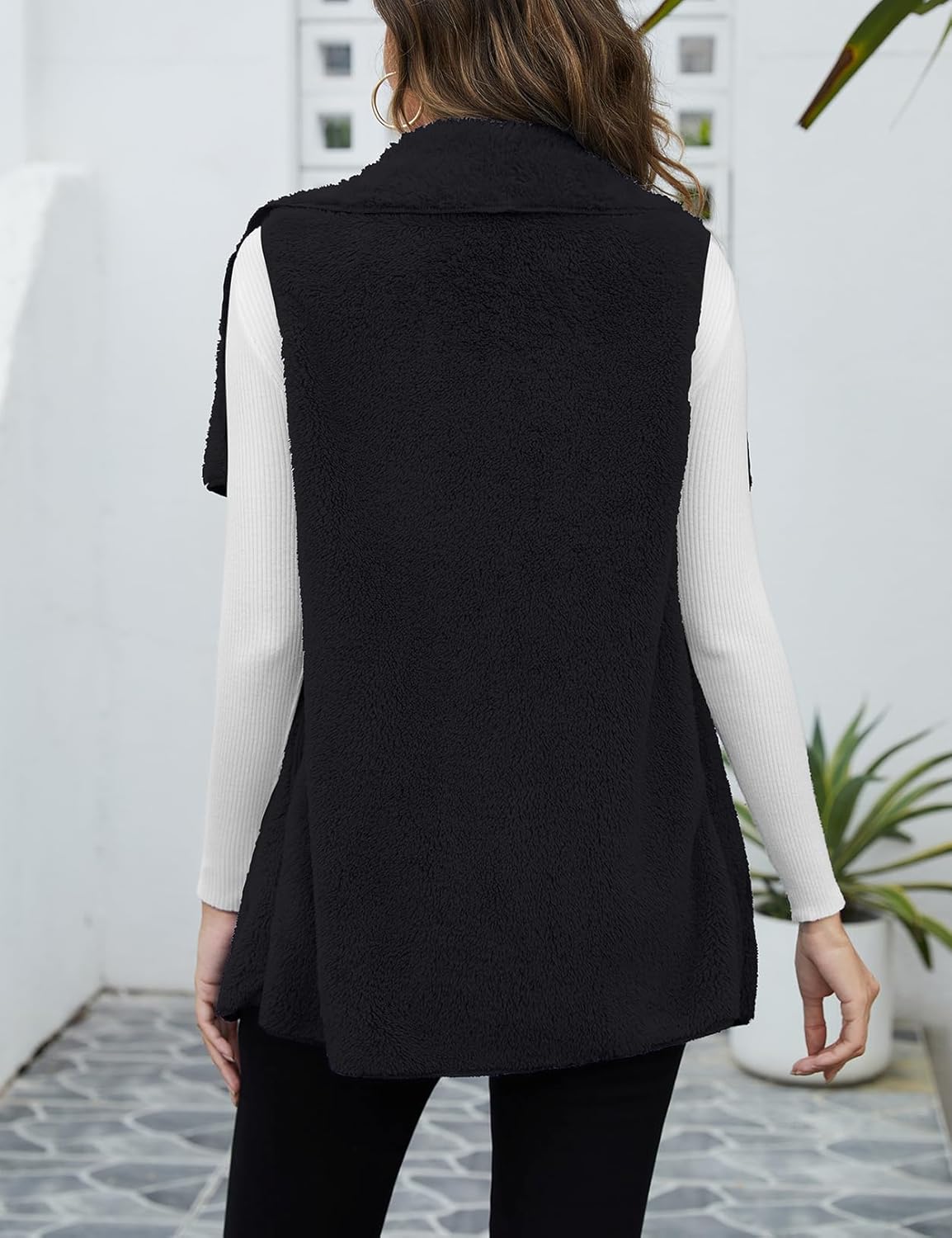 Women Fuzzy Fleece Vest Sleeveless Sherpa Jacket Winter Open Front Fluffy Outerwear Coats with Pockets - Image 3