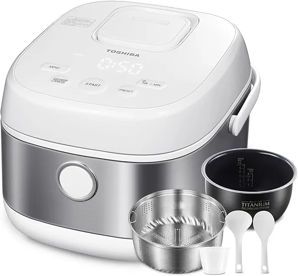 TOSHIBA Induction Heating Rice Cooker - Low Carb, Low Sugar, Digital Steamer, 5.5 Cups (Uncooked), 8 Cooking Functions, 24H Timer & Auto Keep Warm, Silvery white