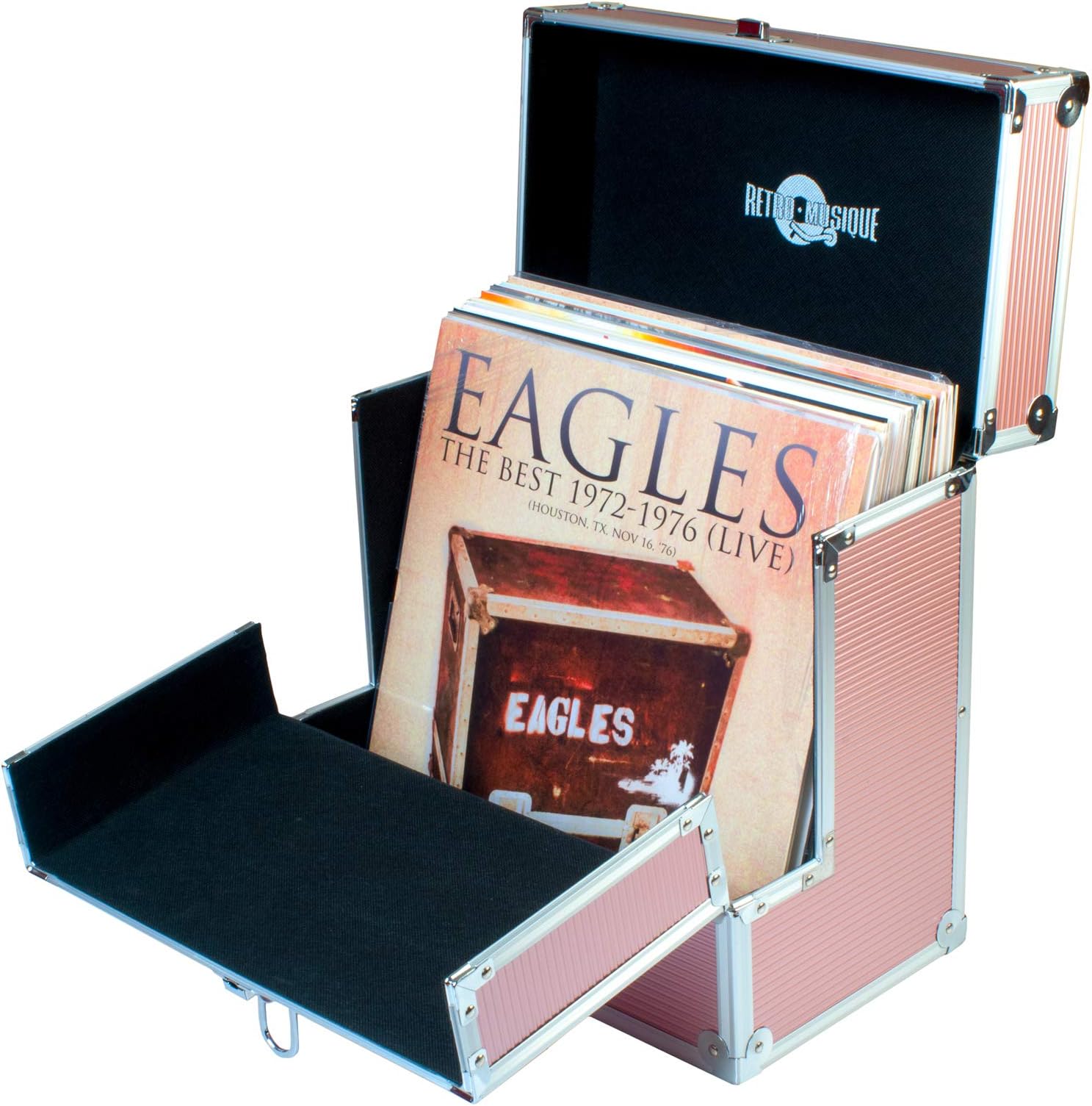 Yellodoor Retro Music - Aluminium Storage Case with Folding Front Flap for 33 RPM Vinyl Records, Easy Access to Your Rose Gold Vinyl
