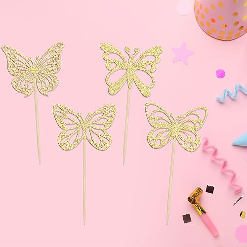Miniatura 10 de 25 adornos para tartas de mariposa de oro rosa y rosa  1 adorno grande de feliz cumpleaños y 24 adornos 3D de mariposa de oro rosa para cupcakes