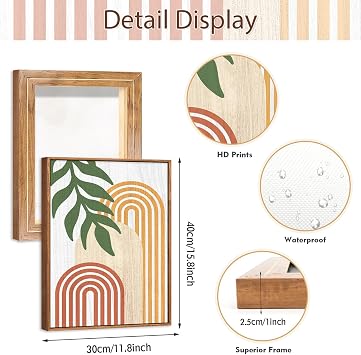 CHDITB 3PCS Green Sage Boho Poster Set,Botanical Framed Wooden Wall Decor,3D Boho Abstract Geometric Line Wall Art,Mid Century Nature Plants Decoration for Living Room Bedroom Office (30x40cm)