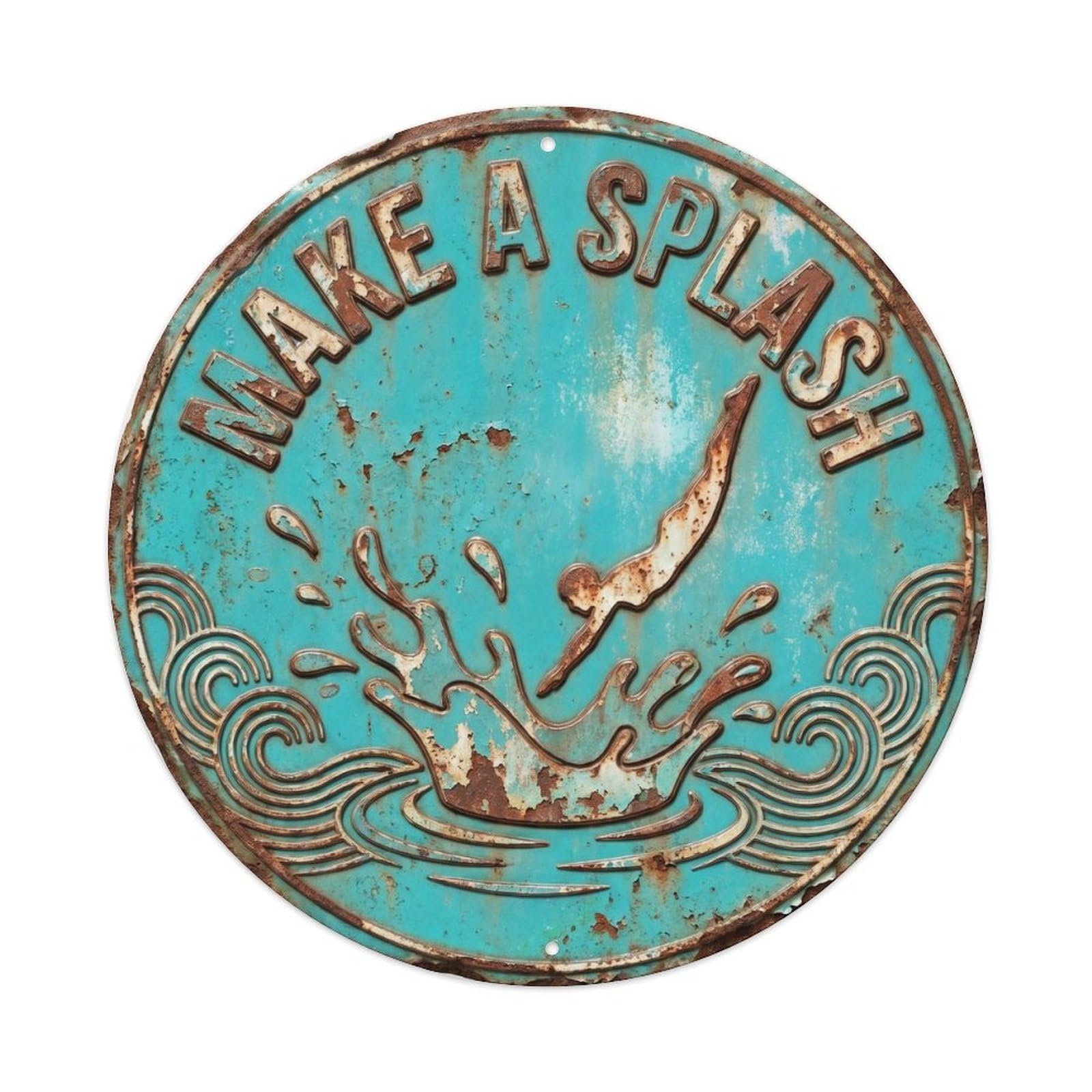 Make A Splash Retro Swimming Pool Slogan Resort Badge Metal Tin Sign Plaque Wall Decor for Cafe, Man Cave, Club Bar, Office, Home Garden Round Metal Poster 8x8Inch