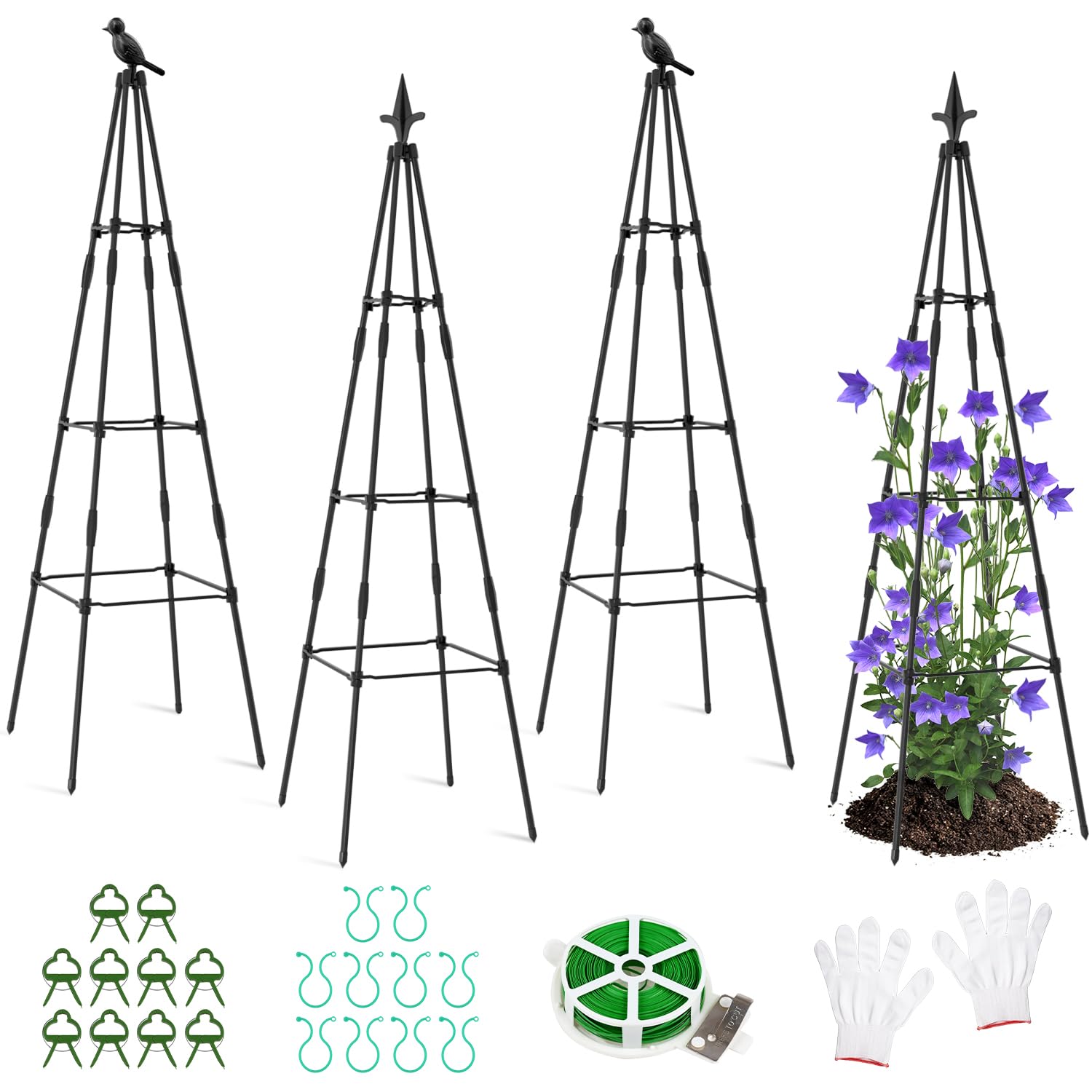 SUNYRISY Upgrade Trellis Garden Obelisk Set of 4 Trellis for Climbing Plants such as Flowers, Tomatoes, Roses etc., Height 120 cm Coated Metal Garden Decoration