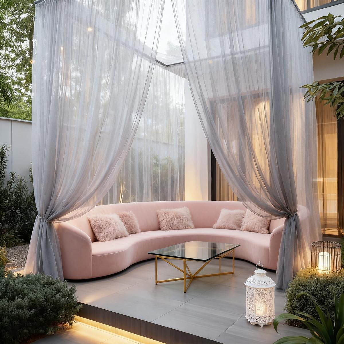 Extra Wide Outdoor Curtains Waterproof Mesh Screen for Patio Lightweight Privacy Net Curtains Breathable Sheer Drapes for Patio Porch Balcony, 2 Panels, Grey, W125 x L120