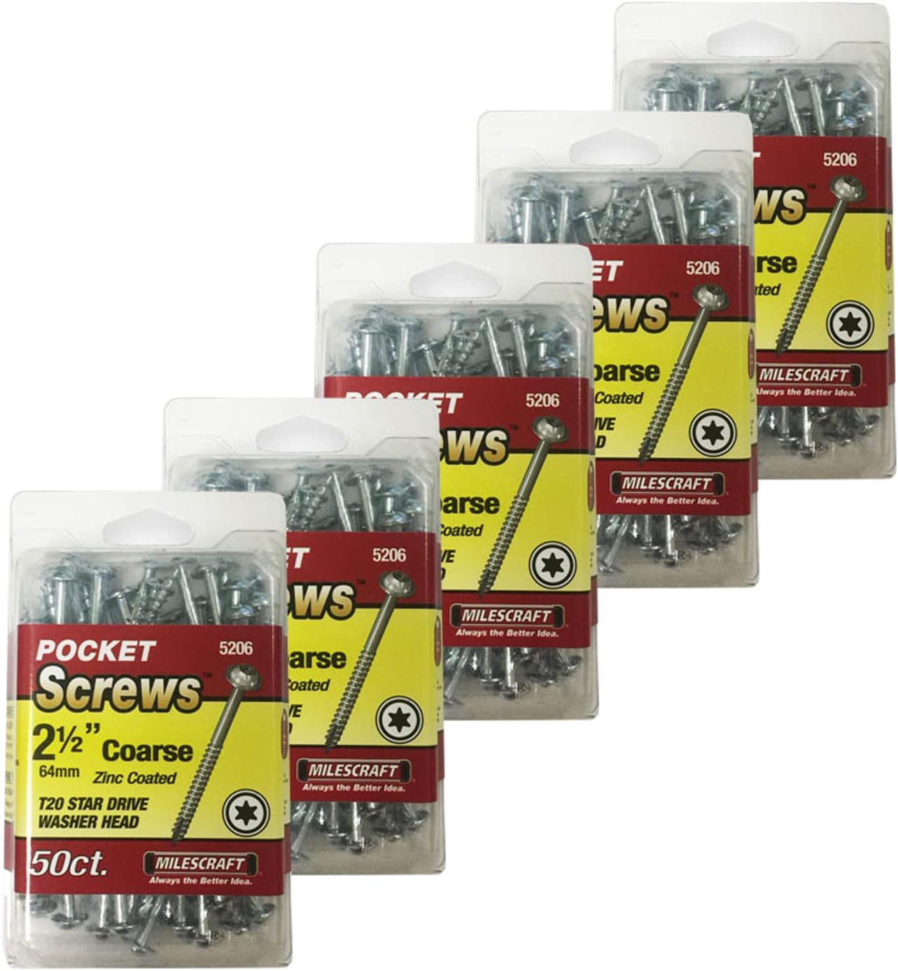 Milescraft 7356 Wood Pocket Hole Screws - #7 x 2-1/2" Washer Head with Coarse Thread (250pc.), Torx Drive Self-Tapping, for Indoor Use