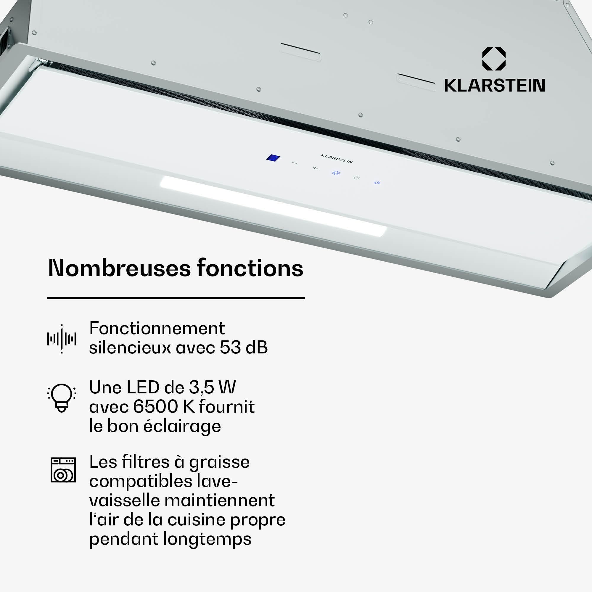 Klarstein Ventimate Hotte à Tiroir, 85cm Hotte Cuisine Aspirante avec Commande Tactile, 390 m³/h, Efficacité Énergétique A+, Moteur Silencieux, Éclairage LED, Filtre à Charbon, Blanc