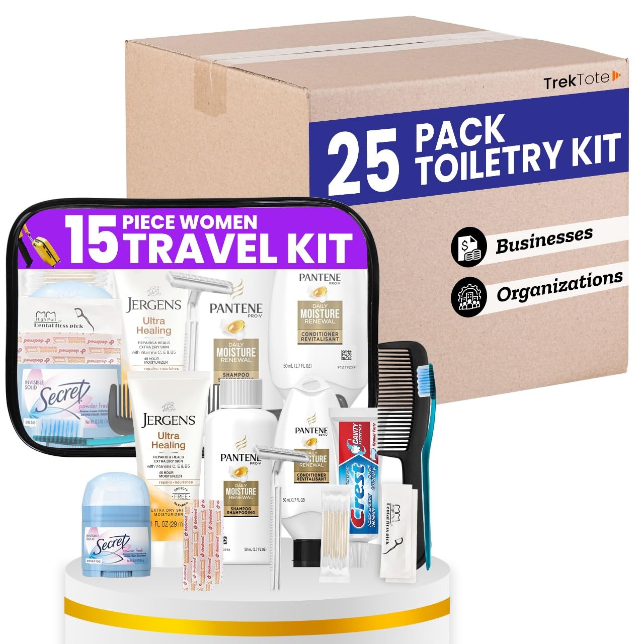 Trektote Bulk Hygiene Kit for Women (25 Pack) 15-Piece Travel Set