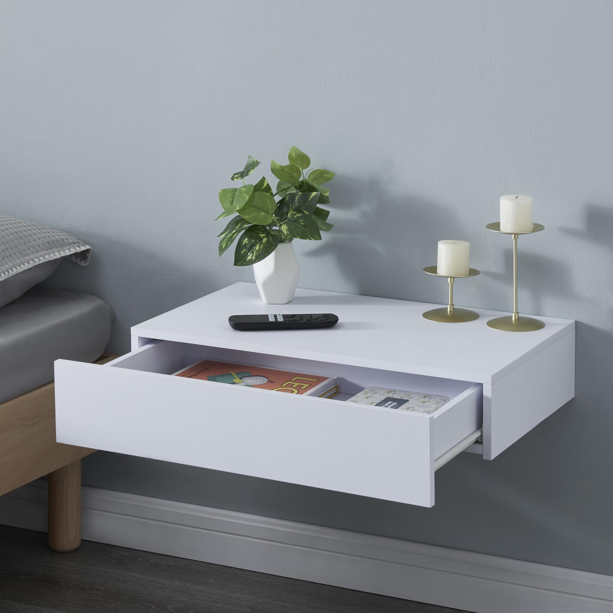 [en.casa] Mensola con Cassetto Consolle da Parete Mensola da Muro Comodino Sospeso con Cassetto 60 x 35 x 12 cm - Bianco
