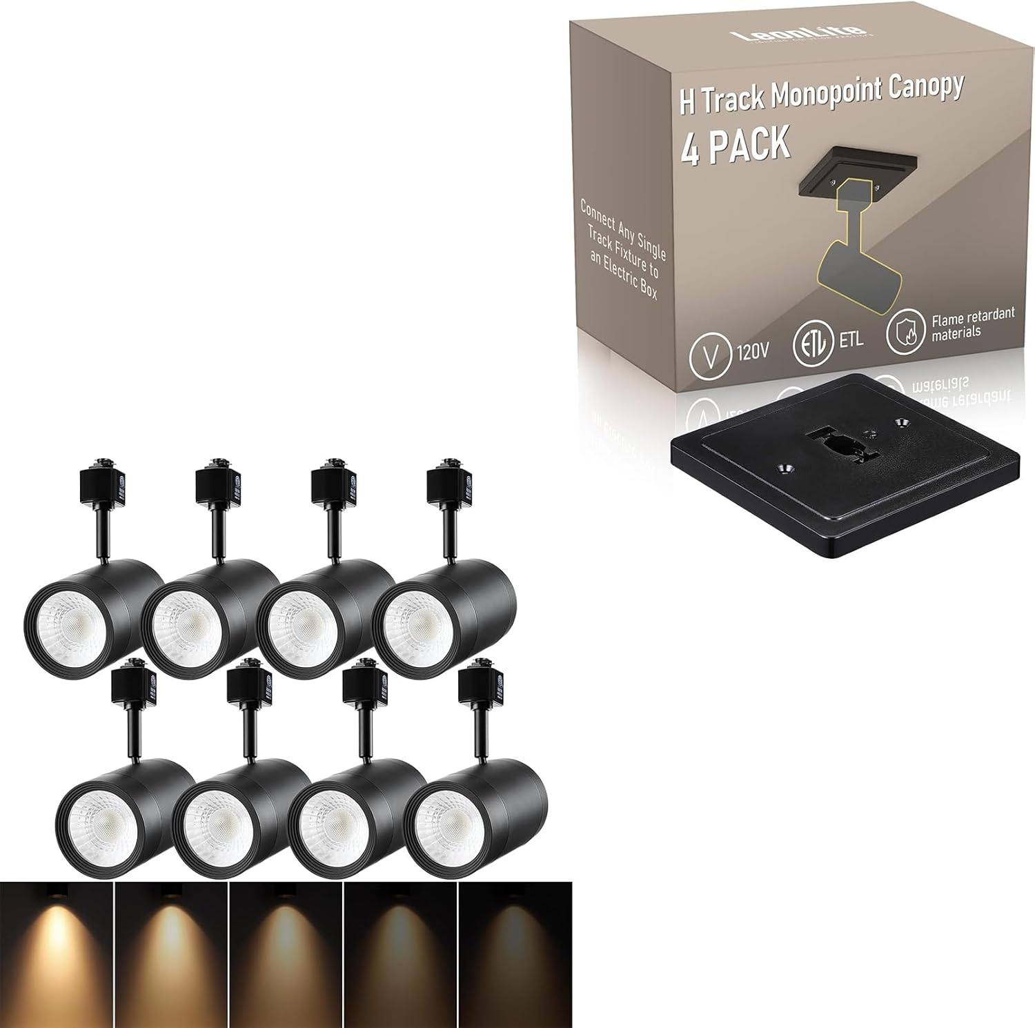 LEONLITE LED Track Lighting Heads Bundle H Track Monopoint Canopy, 8-Pack 17.5W 38° H Type Track Light Heads, 3000K, Black & 4-Pack 120V, for H Type Track Lighting System, Black