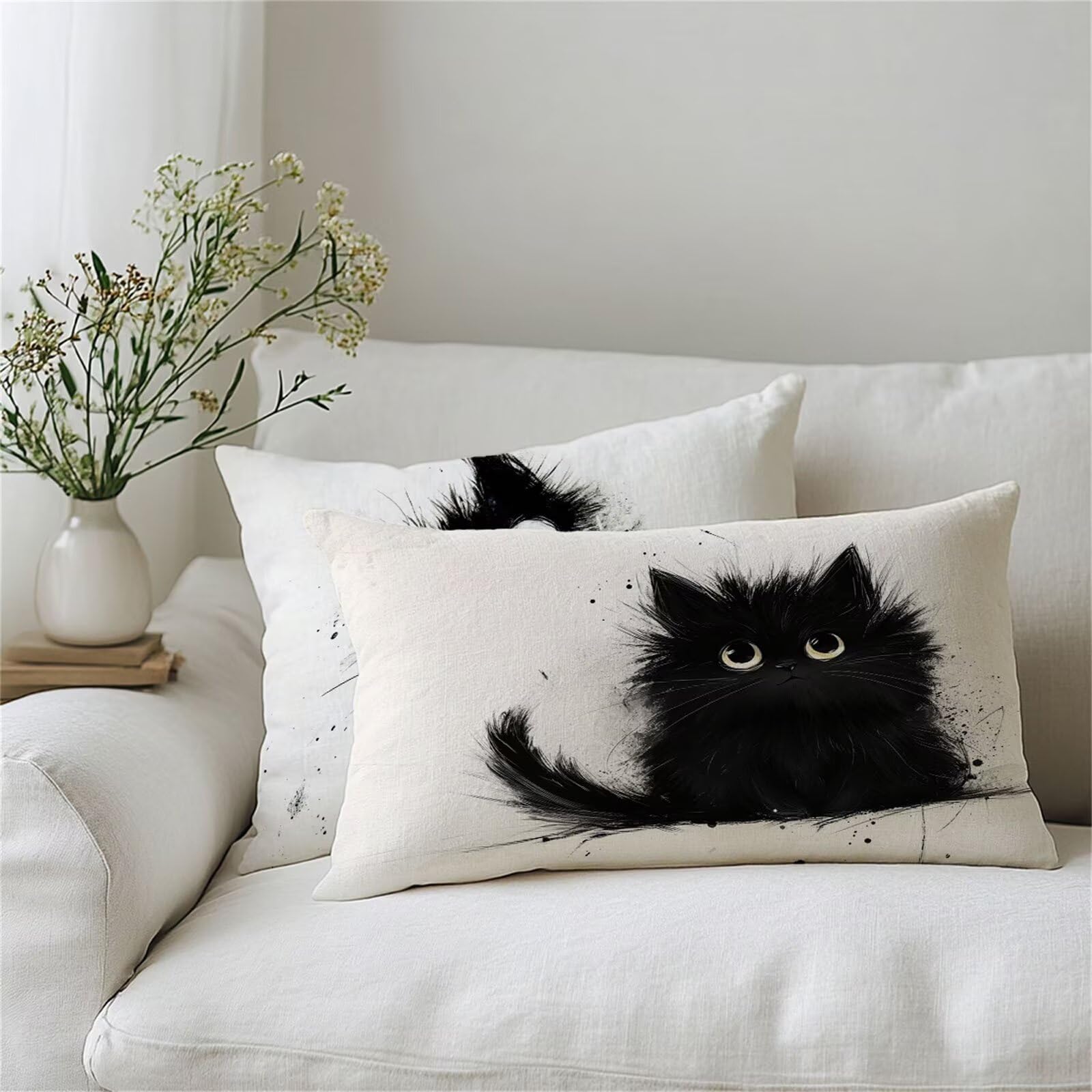 2er Set Katze Outdoor Kissen Schwarz Kissenbezug 80x100 cm Groß wasserdichte Leinen Dekokissen mit Unsichtbarer Reißverschluss, Wohndeko für Garten, Balkon, Outdoor/Indoor Sofa, Bank, Bett 1B-620