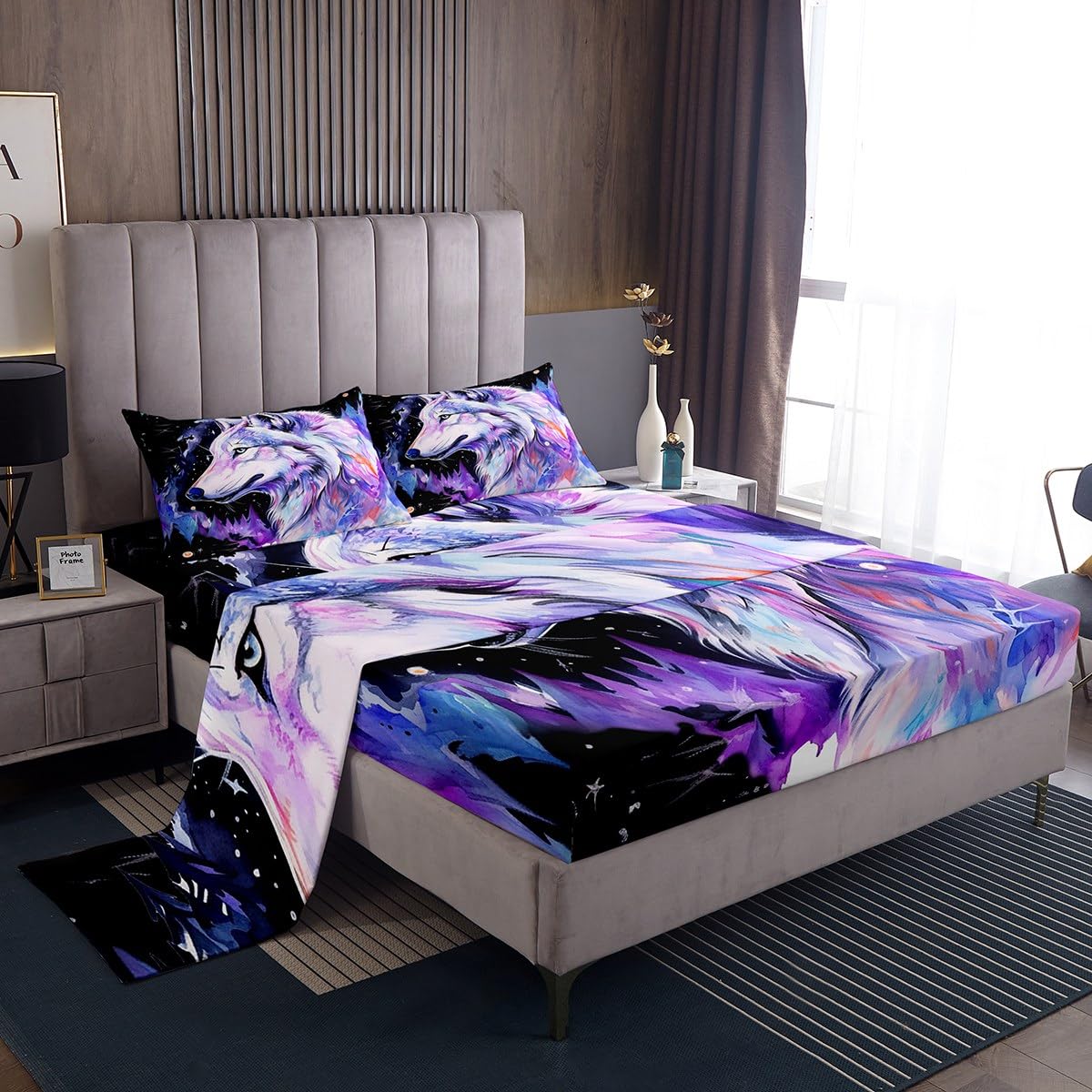 Wolf Bed Sheets Set Solar System Wolves Howling Kids Sheet Set Animal Wolves Sheets with Deep Pocket Fitted Sheet Room Decor Mountain Moon Wolf Outer Space Purple Bedding Set Twin With 1 Pillow