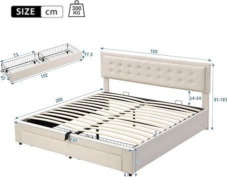 6ft Super King Size Bed Frame with Hydraulic Lever and Drawer, Velvet Fabric Upholstered Ottoman Storage Bed with Adjustable Button-Tufted Headboard, Gas Lift Up Beds With Storage & Slats, Cream