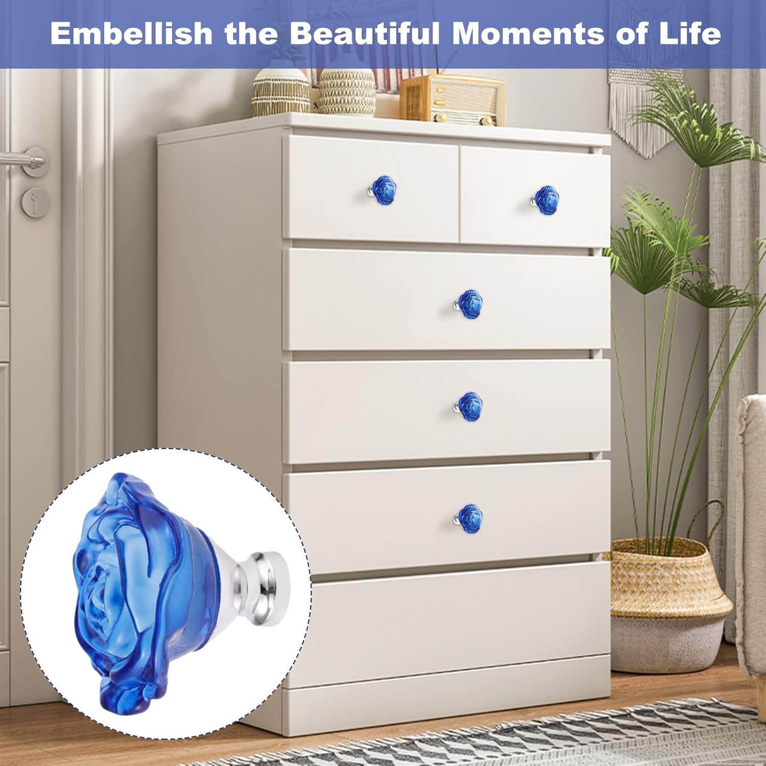 Yetaha Blue Crystal Drawer Knobs, 5PCS Rose Shape Glass Handles Flower Decorative Cabinet Pulls for Dresser Cupboard Bathroom Furniture Hardware Decoration, with Screws