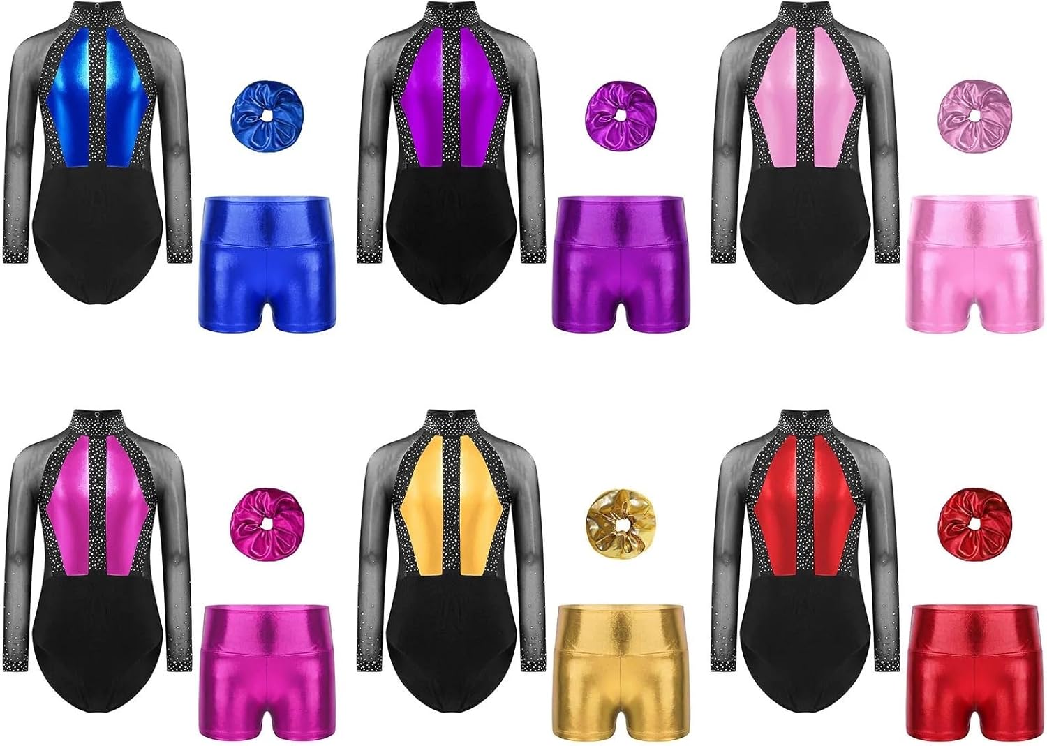 Skating Jumpsuit Bodysuit Ballet Dance Outfits Girls Color Block Rhythmic Gymnastics Leotard With Metallic Shorts