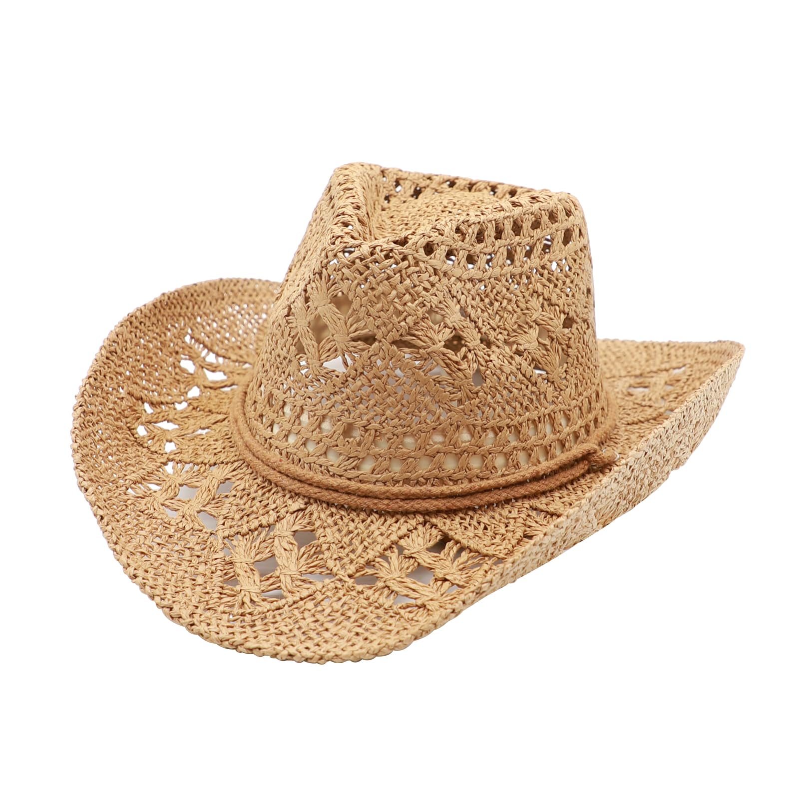 Straw Cowgirl Hat for Women Cowboy Hats for Men Wide Brim Sun Hat Shapeable Western Hat Beach Hat (US, Alpha, Medium, Y-Brown)