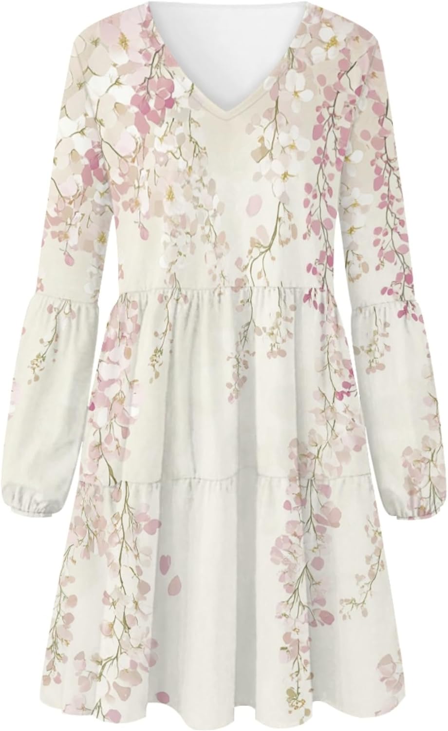 Women 2025 Floral Print Puff Long Sleeve V Neck Smocked Midi Casual Dress Empire Waist Tiered Swing Flowy Dress - Image 3