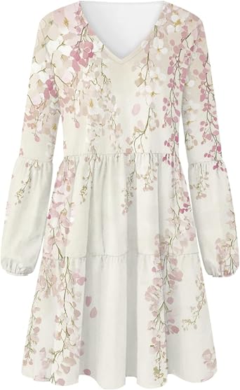 domirica Women 2025 Floral Print Puff Long Sleeve V Neck Smocked Midi Casual Dress Empire Waist Tiered Swing Flowy Dress