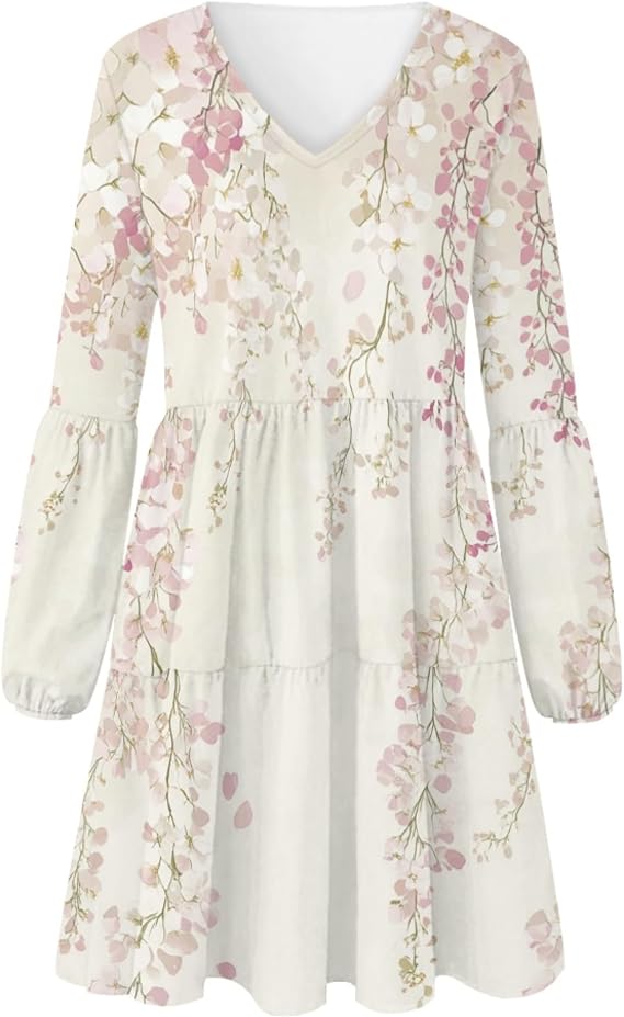 domirica Women 2025 Floral Print Puff Long Sleeve V Neck Smocked Midi Casual Dress Empire Waist Tiered Swing Flowy Dress