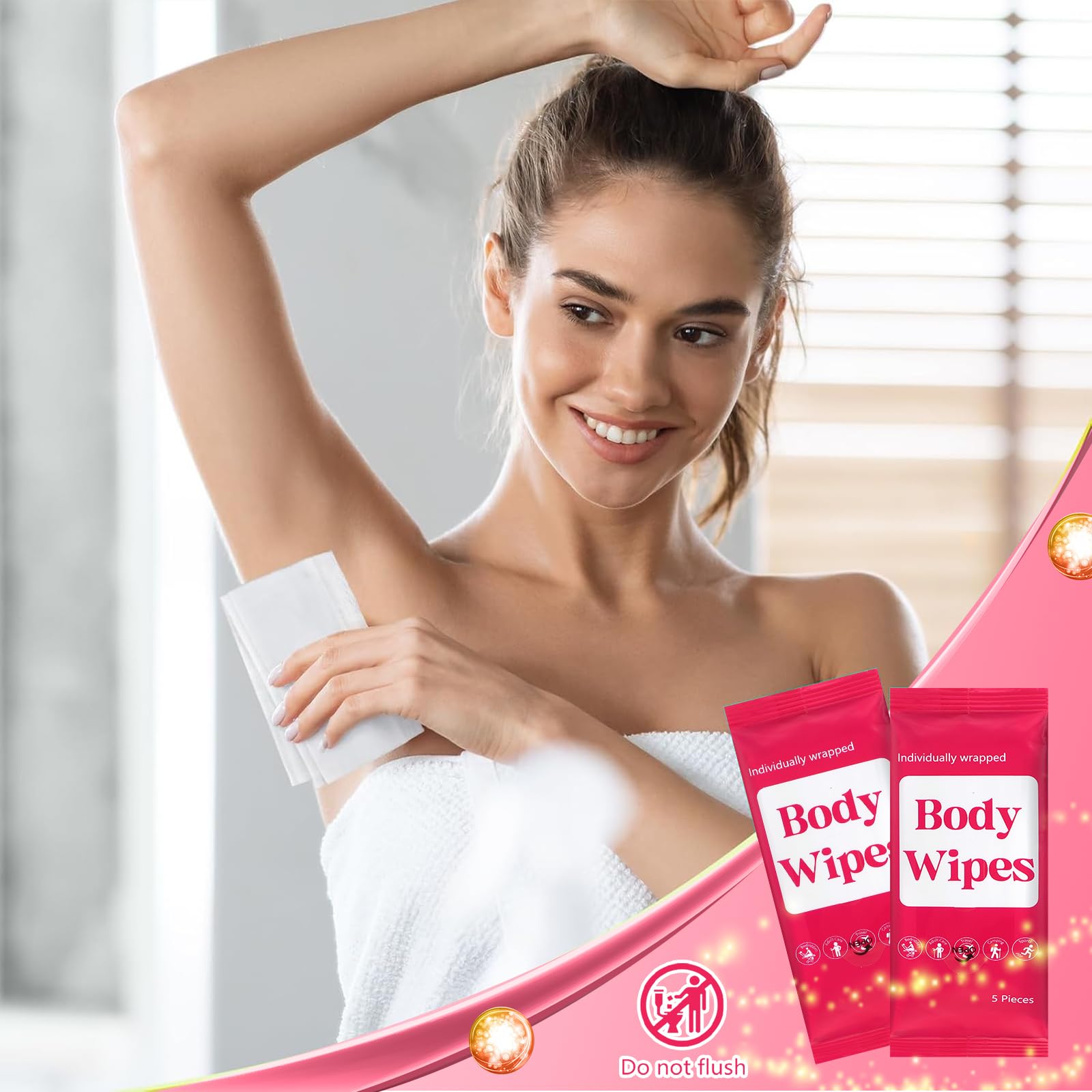 Threlaco 300 Toallitas Corporales (Paquete De 60) Para Adultos, Sin Enjuague, Envueltas Individualmente, Toallitas De Ducha Con Aloe, Toallitas Limpiadoras Corporales Desechables (Fondo Rosa)