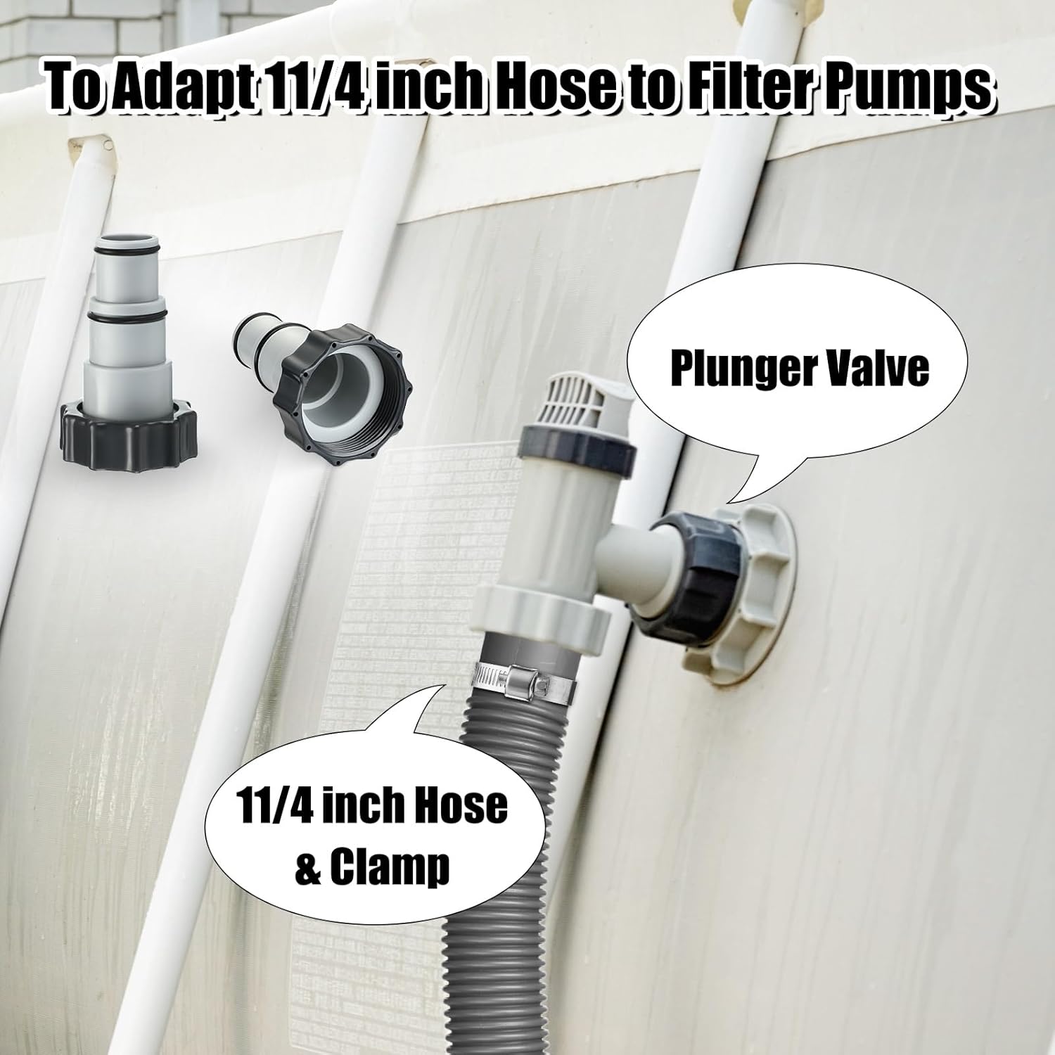 Kathfly 2 Pack Swimming Pool Filter Hose Replacement Kit 1.25 Inch Diameter 59 Inch Length for Above Ground Pools with 4 Pcs Metal Clamps and 2 Pcs Hose Adapter(Grey)