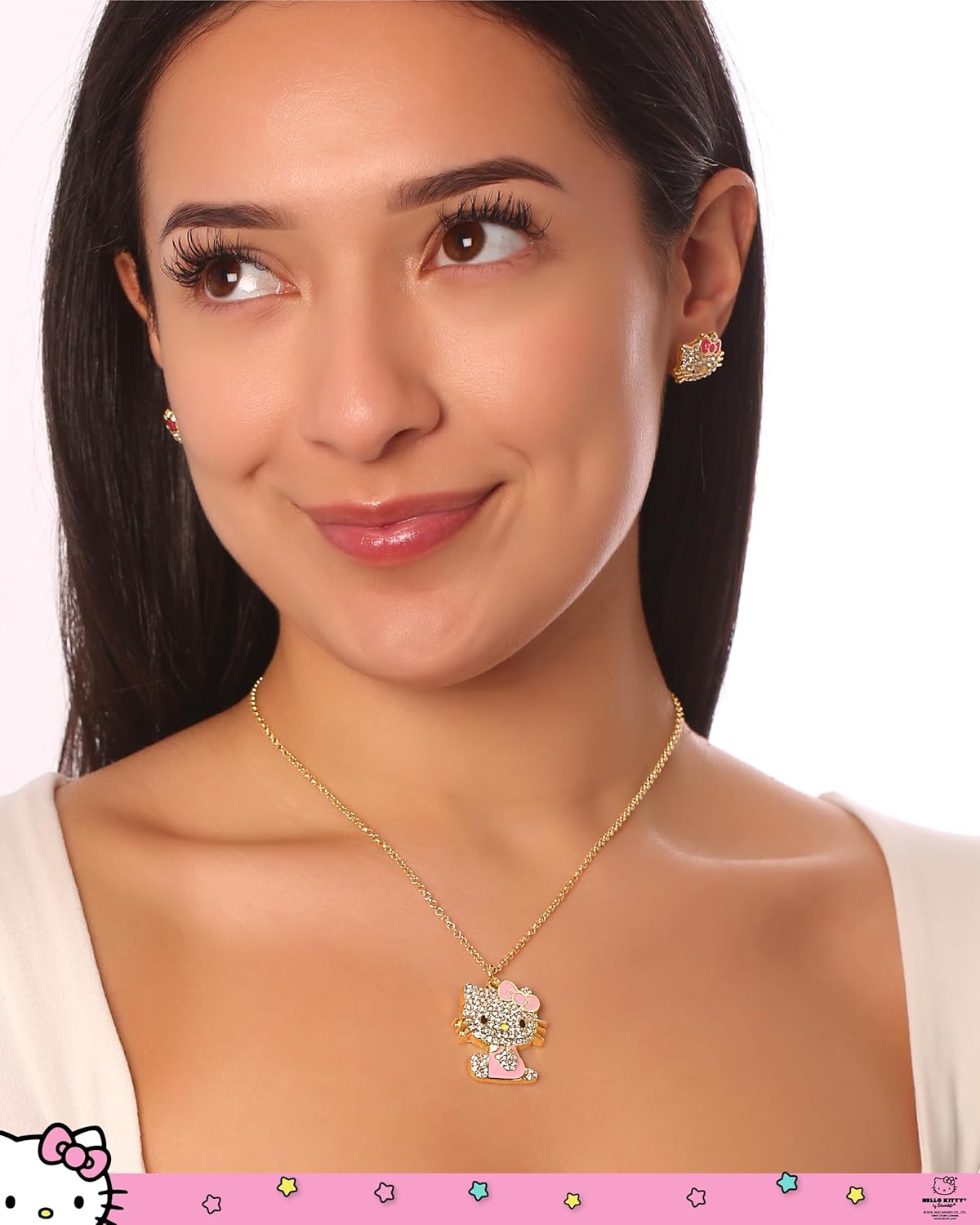 SALLY ROSE Hello Kitty Enamel and Pave Crystal Pendant Necklace Official License, Gold or Silver Tone 16"+3" Hello Kitty Necklace, Sanrio Gifts - Image 3