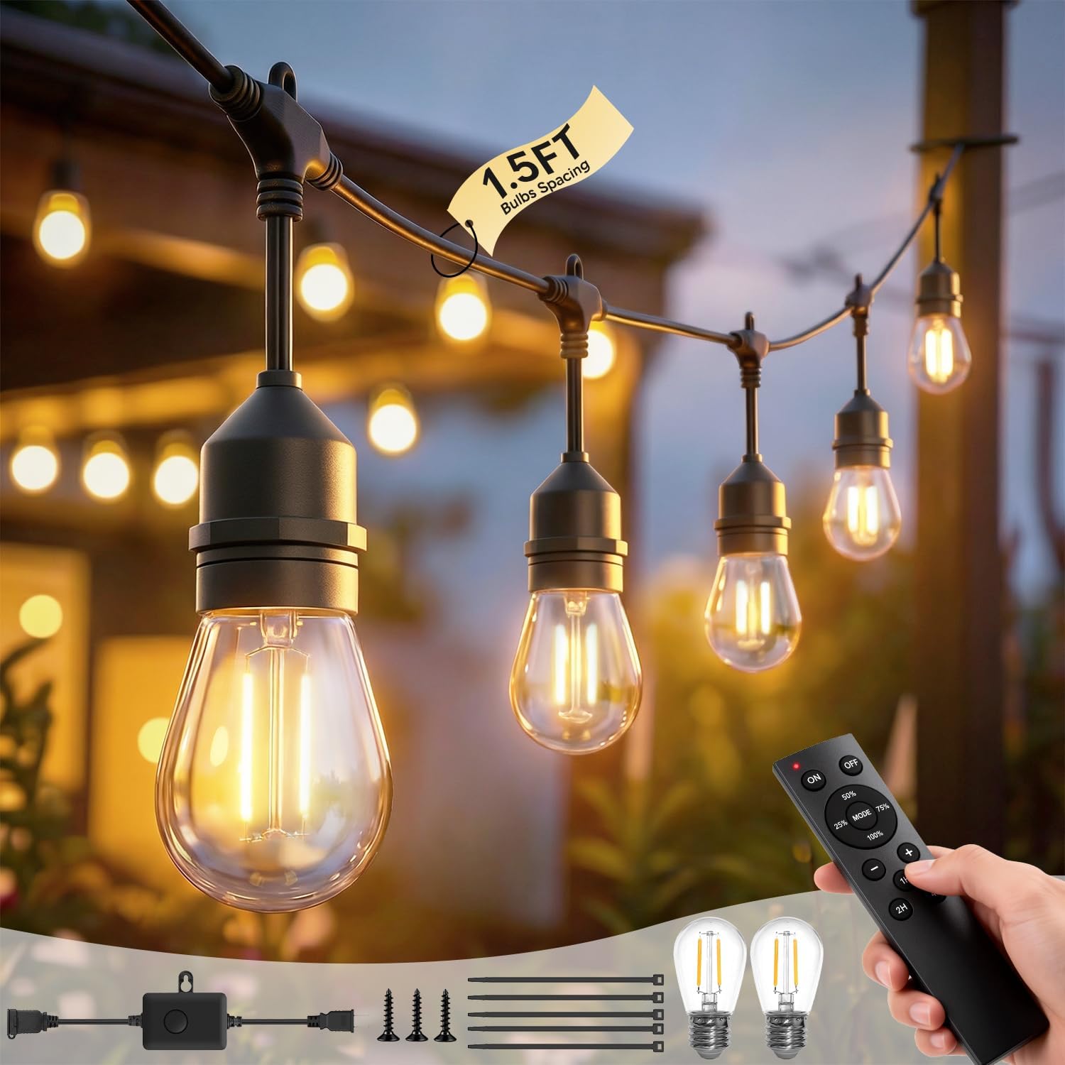 50FT S14 Outdoor String Lights, 32+2 Shatterproof Bulbs 2W, 1.5FT Spacing IP65 Waterproof| Dimmable with Remote, Heavy-Duty, Include Screw & Zip Ties for Patio Backyard Holiday Outside