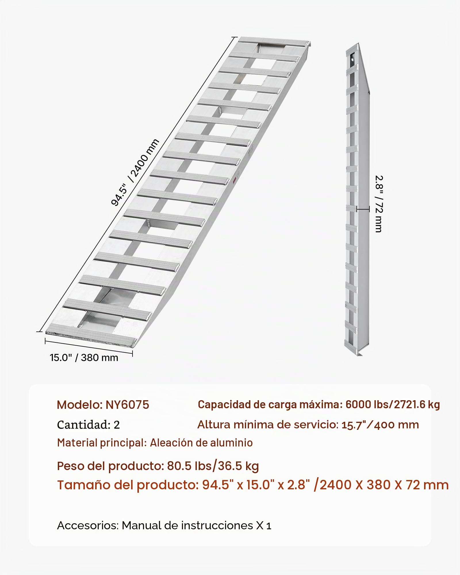VEVOR Rampas de Carga de Aluminio 2 Piezas 240 x 38 cm con Placas Antideslizantes Capacidad de Carga de 2721,6 kg para Carros, Tractores Agrícolas, Vehículos Todoterreno, Cortacéspedes, Motocicletas
