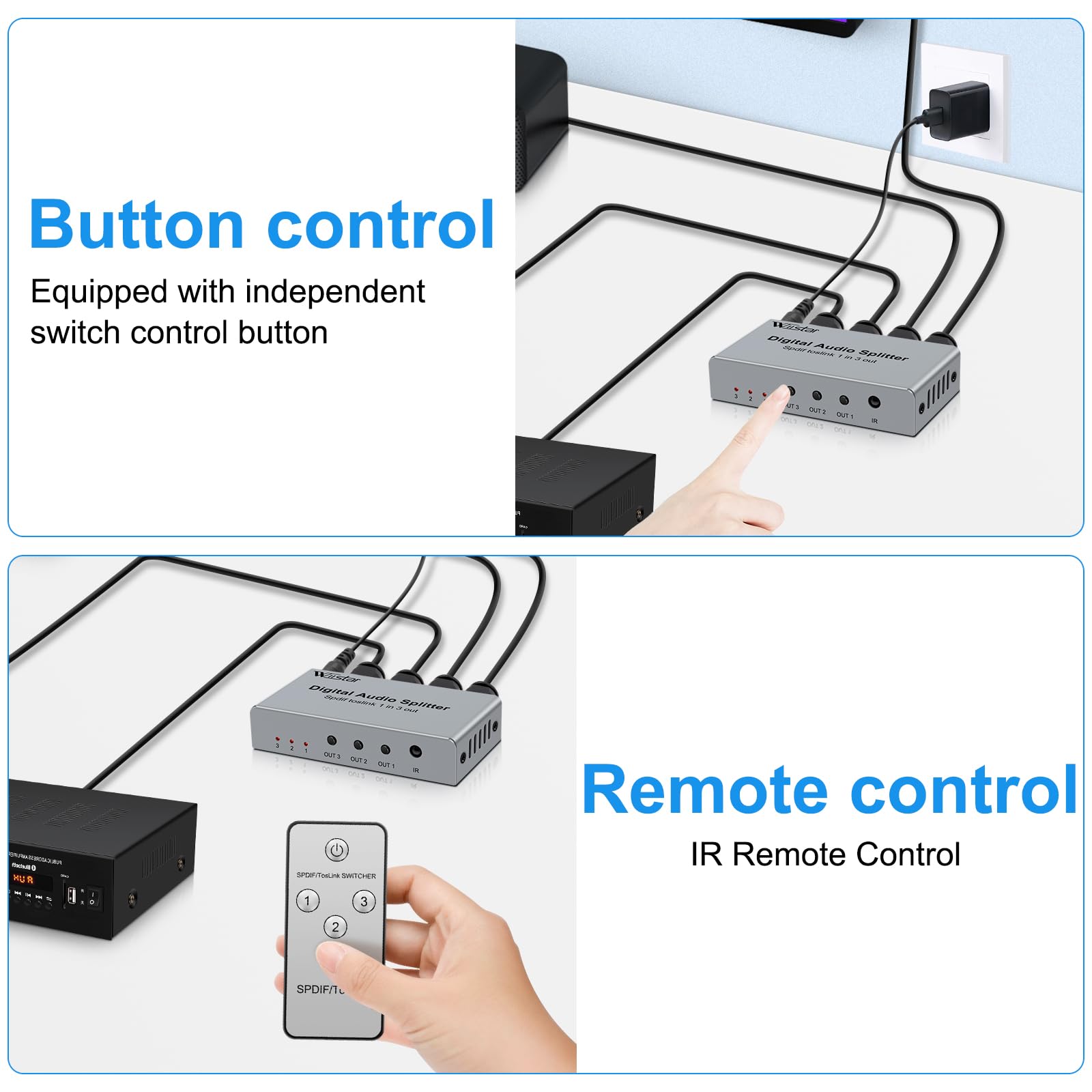 Wiistar Divisor de Audio óptico Digital 1 en 3 Salidas SPDIF TOSLINK Divisor de Audio Digital óptico 1x3 Compatible con Formato de Audio LPCM2.0 DTS Dolby Digital para Xbox Blue-Ray DVD HDTV