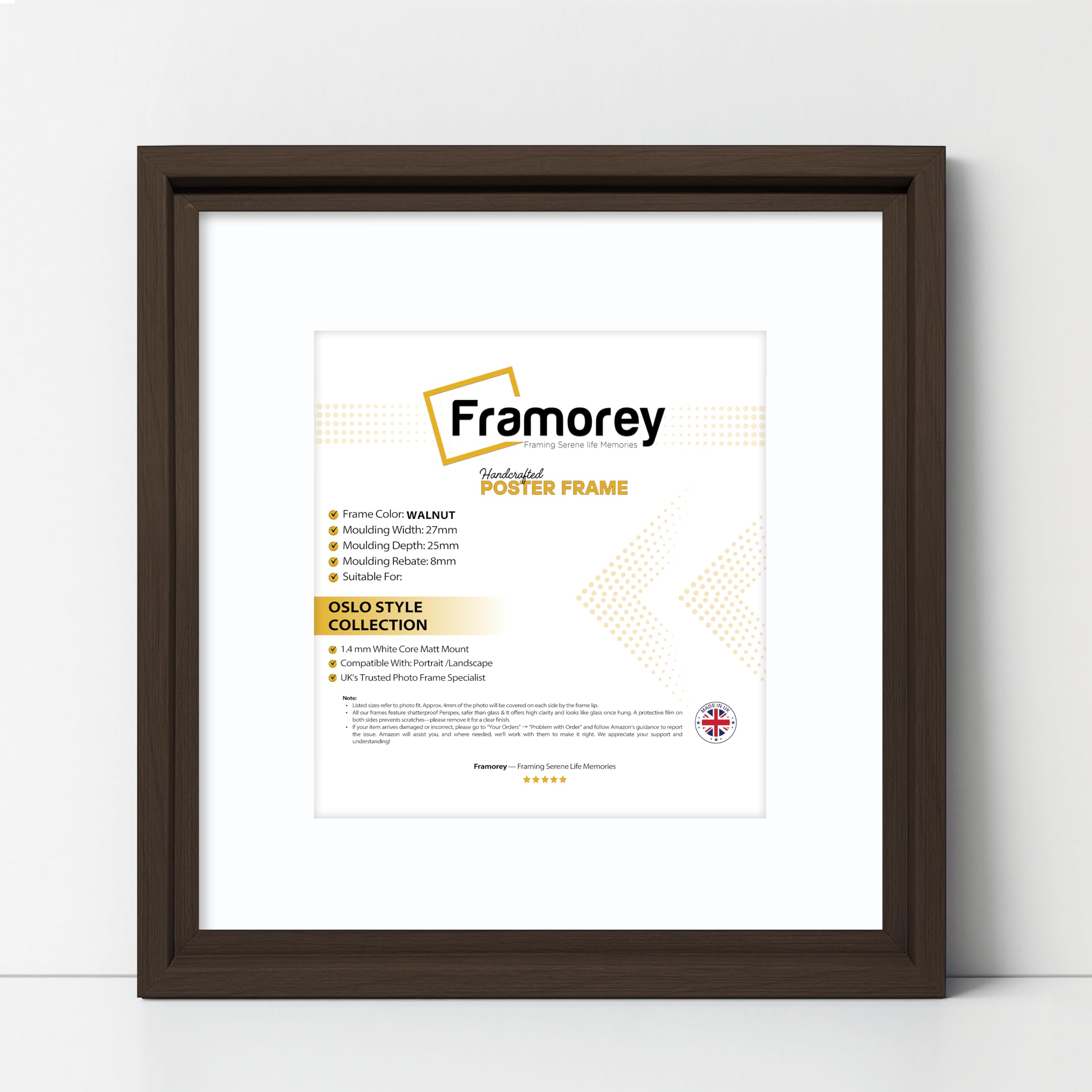 Framorey Framing Serene Life Memories Walnut With White Mount Framorey Square Size Picture Frame, 45X45cm Size Walnut Photo Frame With 35X35cm Size White Mount, Oslo Style Wall Art Frames, Photo College Frame