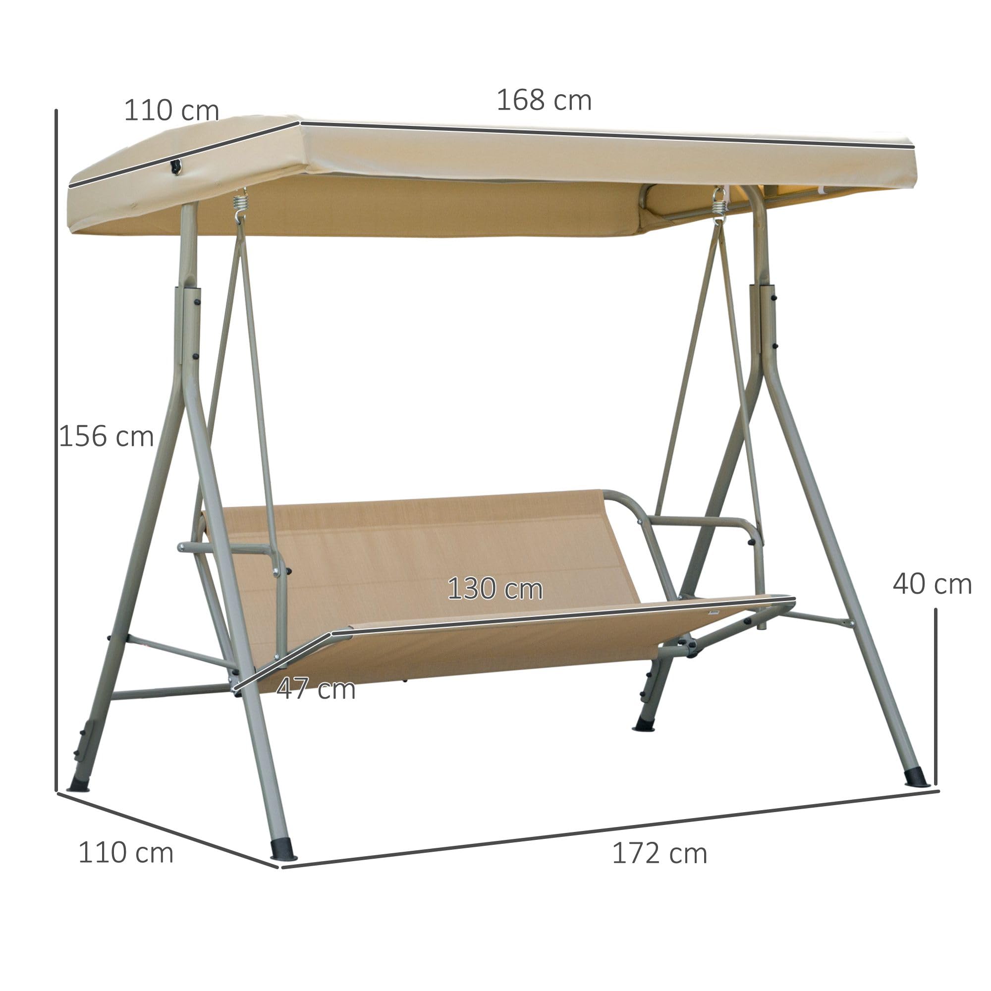 Outsunny Columpio de Jardín Exterior de 3 Plazas, Balancín de Jardín Exterior con Techo Ajustable y Marco de Acero, para Balcón, Terraza, Patio, Carga 210 kg, 172x110x156 cm, Marrón Claro
