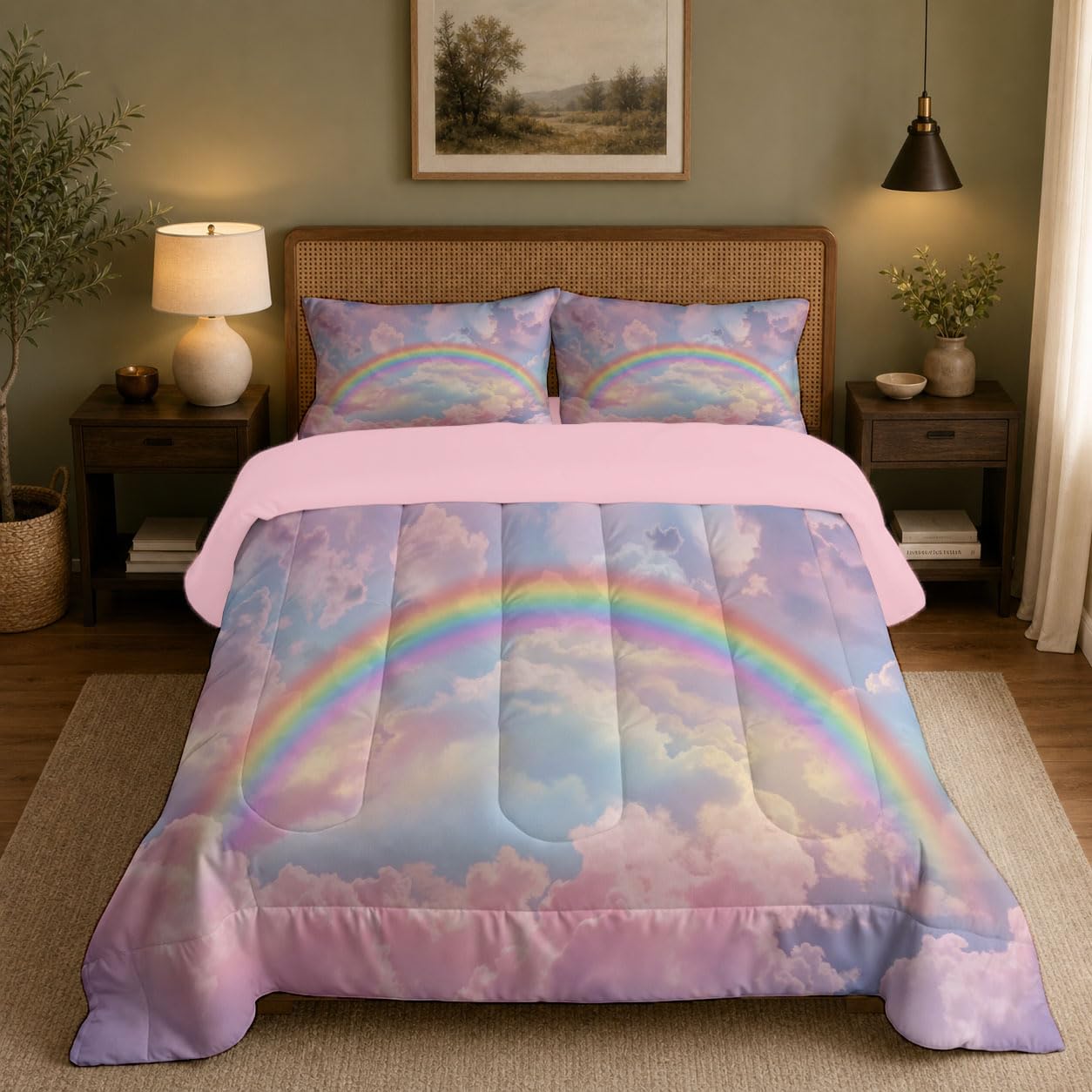 Copriletto Trapuntato Per Bambini Con Cielo Arcobaleno Da Sogno | Trapunta Matrimoniale Invernale, Blu Polvere, Piumone Caldo Morbido Romantiche Nuvole Zucchero Filato Per Decorazione Camera Da Letto