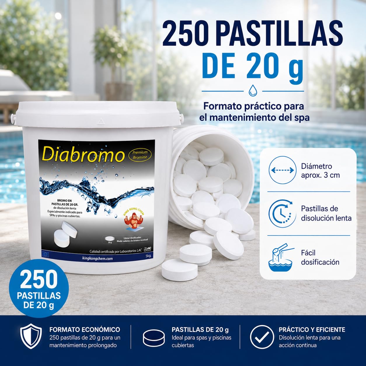 Diabromo 5 kg - Bromo Desinfectante para SPA y Piscinas Cubiertas - Pastillas de 20 Gramos