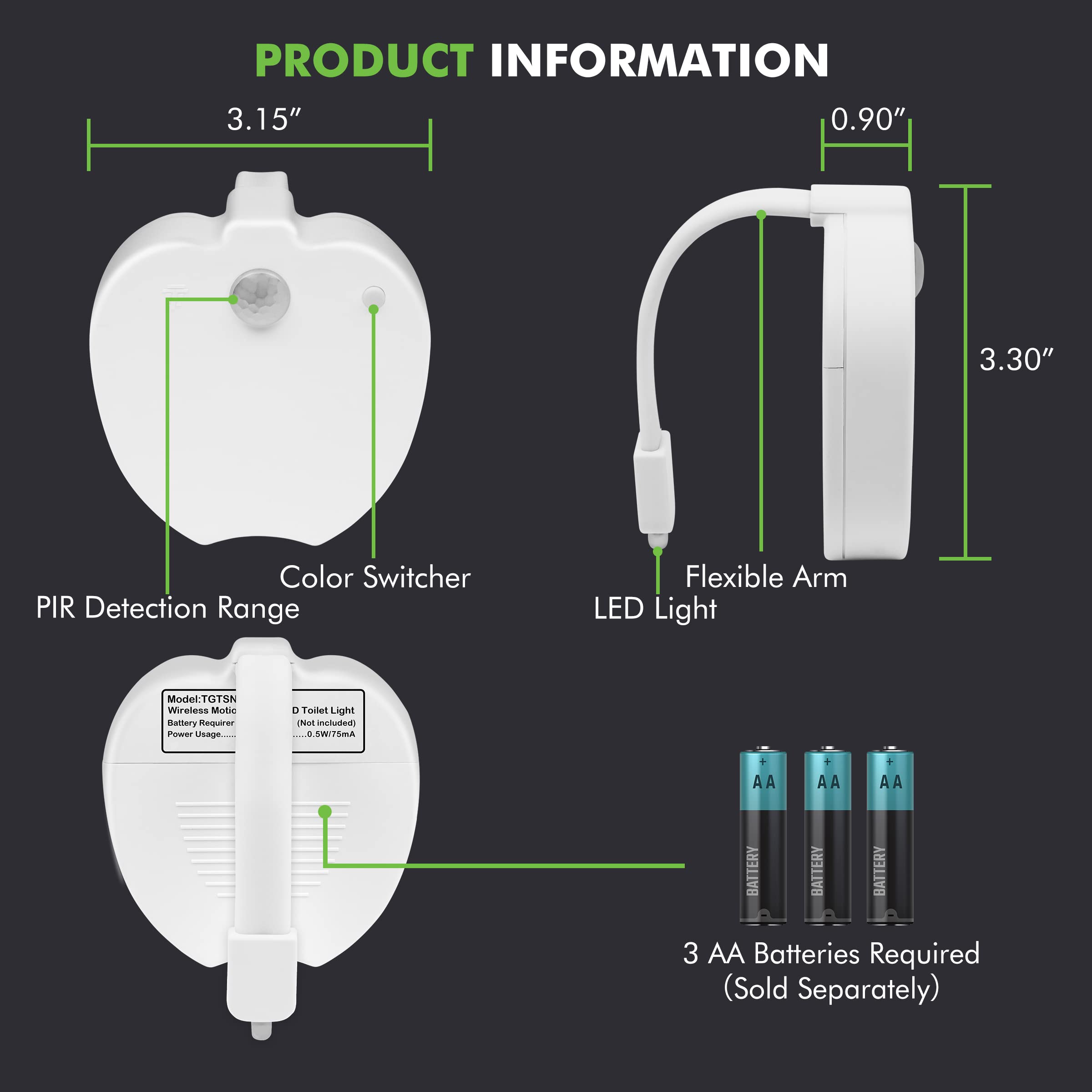TOPGREENER 19-Color Motion Sensor LED Toilet Bowl Seat Night Light, 6 Dimming Levels, Ambient Light Detection, Battery-Powered, TGTSNL-2PCS, White (2 Pack)
