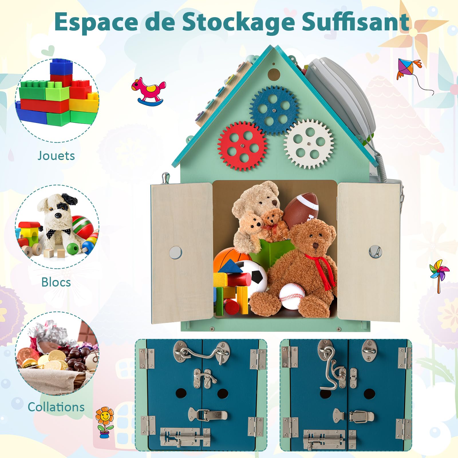 COSTWAY Cube d'Activité en Bois en Forme Maison avec Espace de Rangement Intérieur, Maison de Jouet Educative avec Coins Ronds, 33x33x45cm, Cadeau Précoces pour Garçon et Filles de 3 Ans+ (Bleu)